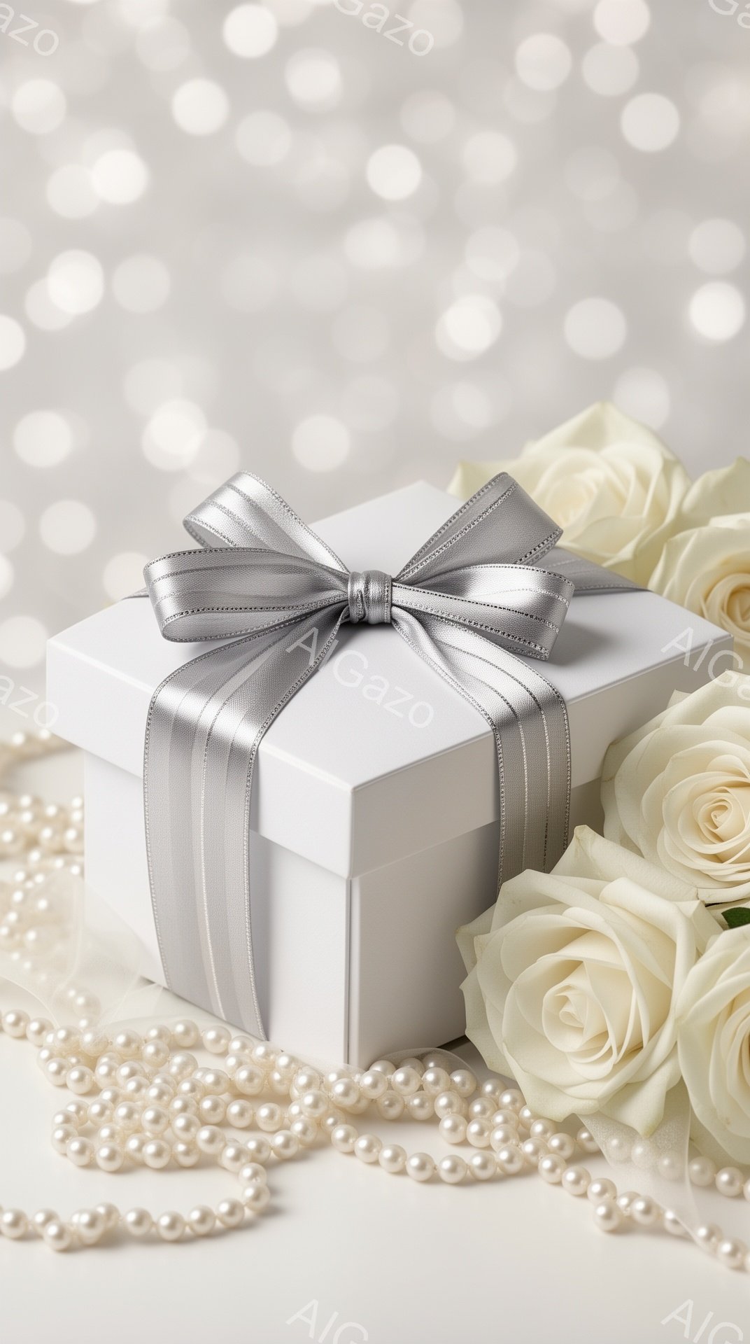 白いギフトボックスが、銀色のリボンで美しく飾られ、白いバラと真珠のネックレスに囲まれています。背景はぼやけた光の点で、ロマンチックで優雅な雰囲気を醸し出しています。全体的に、ウェディングや特別な記念日を連想させる、繊細で上品なイメージです。