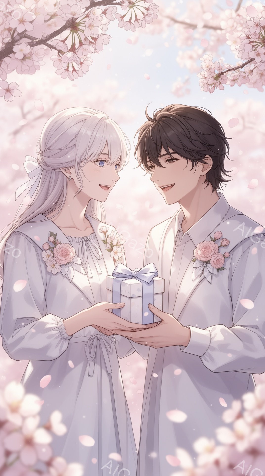 長い白髪の女性と黒髪の男性が、桜の花びらが舞う中でプレゼントを交換している様子が描かれています。女性は白いパフスリーブのワンピースにリボンを結び、髪には花飾りをつけて微笑んでいます。男性は白いシャツを着て、女性にプレゼントの箱を手渡しており、穏やかな表情を浮かべています。