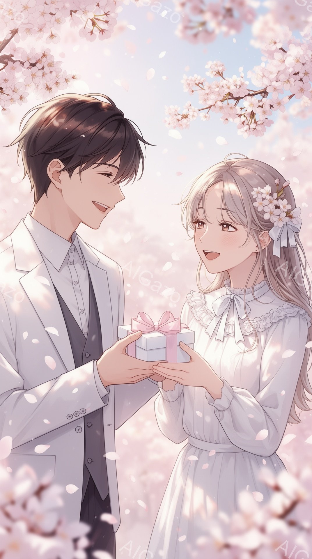 桜の花びらが舞う中で、一人の男性が女性にプレゼントを渡しています。男性は黒髪で、白いスーツ姿、優しい笑顔を浮かべています。女性はウェディングドレスのような白いワンピースを着ており、髪は三つ編みにされ、 - AI生成フリー素材