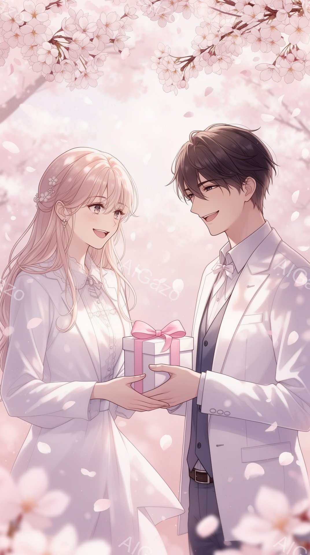 長い金髪をウェーブさせた女性は白いドレスを着ており、髪には花の飾りをつけている。男性は白いスーツとボウタイを着用し、女性に薄い青色のリボンで結ばれたプレゼントを贈っている。背景は桜の花びらが舞い散る中 - AI生成フリー素材