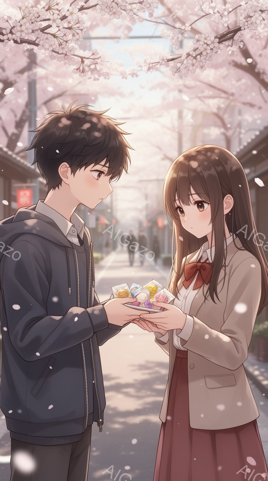 少年は黒髪で、紺色のセーターと黒いジャケットを着ています。少女は茶色の髪を肩まで伸ばし、ベージュ色のジャケットと赤いリボンをつけた白いシャツを着ています。二人は桜並木の下で、お菓子を乗せたお皿を交換しようとしており、穏やかで少し照れくさそうな雰囲気が漂っています。