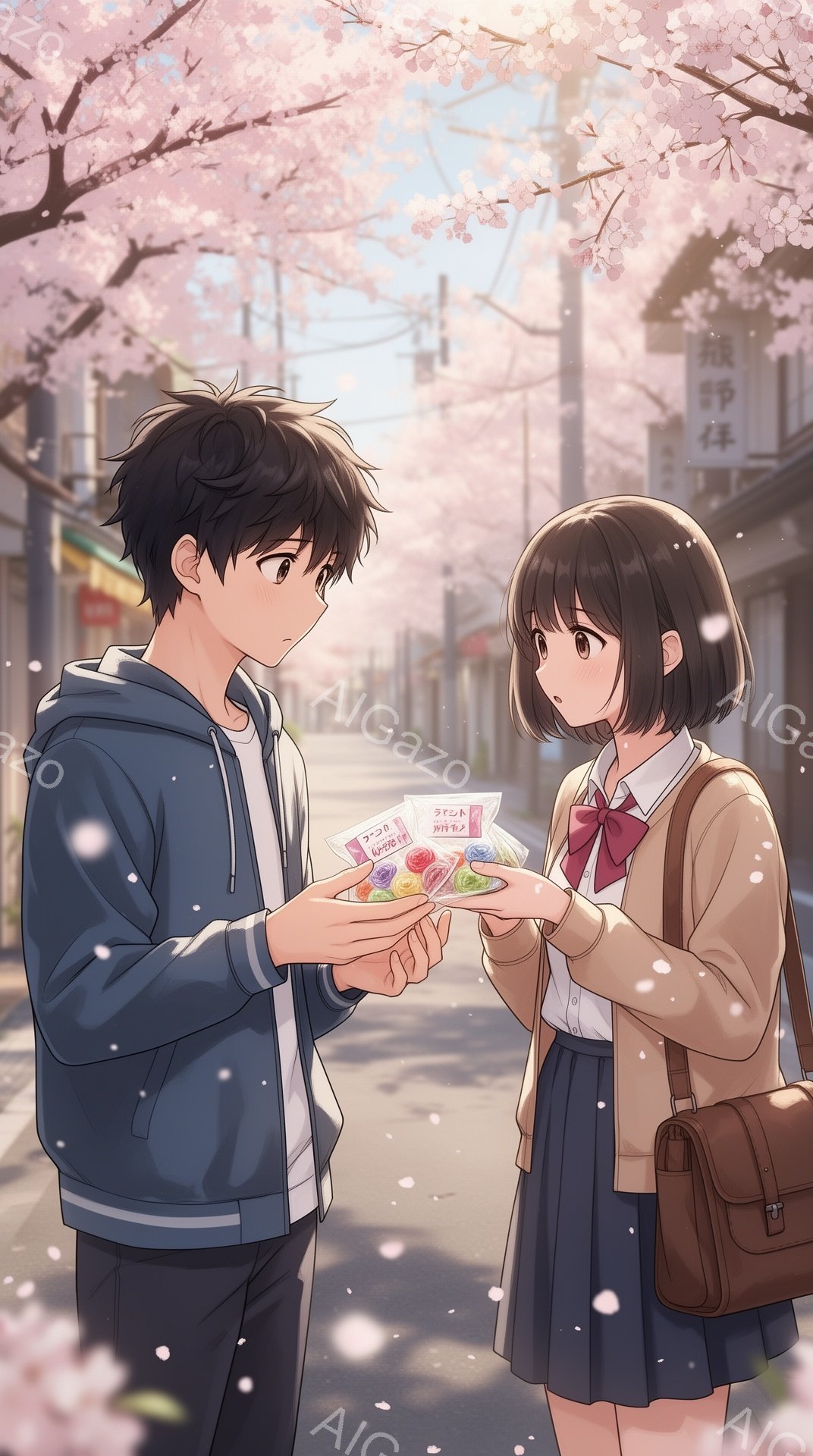 少年と少女が桜並木の下でお菓子を交換しようとしている様子が描かれています。少年は紺色のジャケットに白いシャツ、少女はベージュのカーディガンとチェックのスカート姿で、それぞれ少し照れた表情を浮かべています。背景には桜の花びらが舞い散り、日本家屋と電柱が見え、春の暖かく穏やかな雰囲気が漂っています。