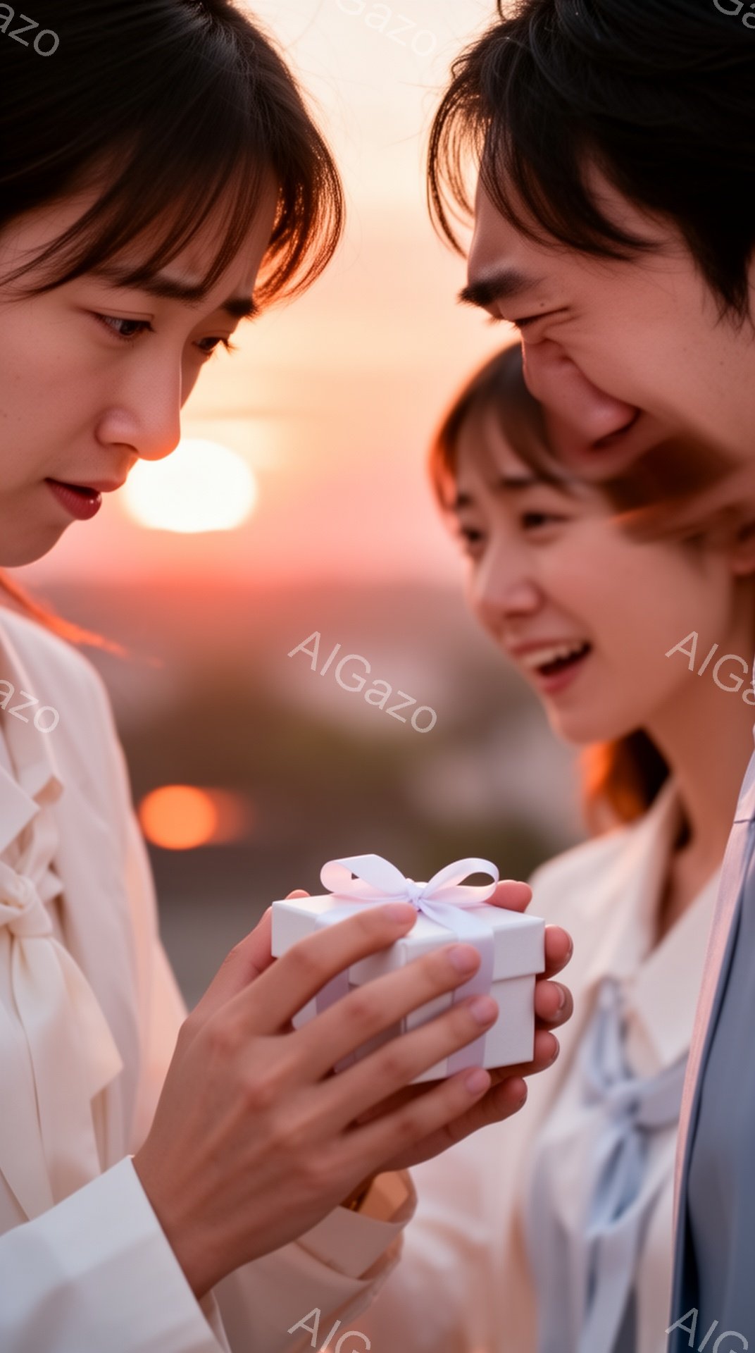 一対の若い男女が夕暮れ時にギフトを交換している様子が写っている。女性は白いブラウスに長い髪を下ろし、微笑みながらプレゼントを受け取ろうとしている。男性は紺色のスーツを着て、少し照れくさそうに女性に小さな白い箱を差し出している。
