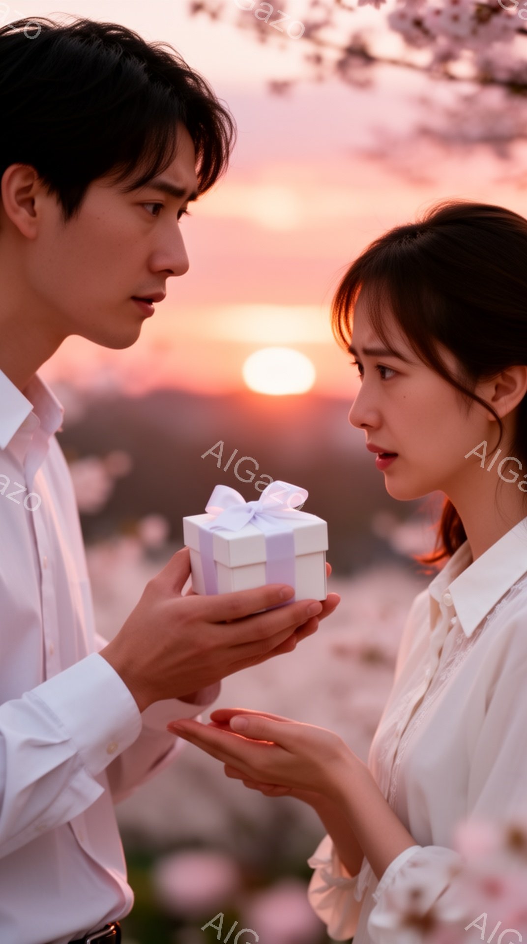 夕焼けを背景に、一人の男性が女性に白い箱を差し出しています。男性は白いシャツを着ており、女性はレースの襟が特徴の白いブラウスを着ています。二人は桜の花びらが舞う中、お互いに顔を見合わせ、女性はやや驚いた表情をしています。
