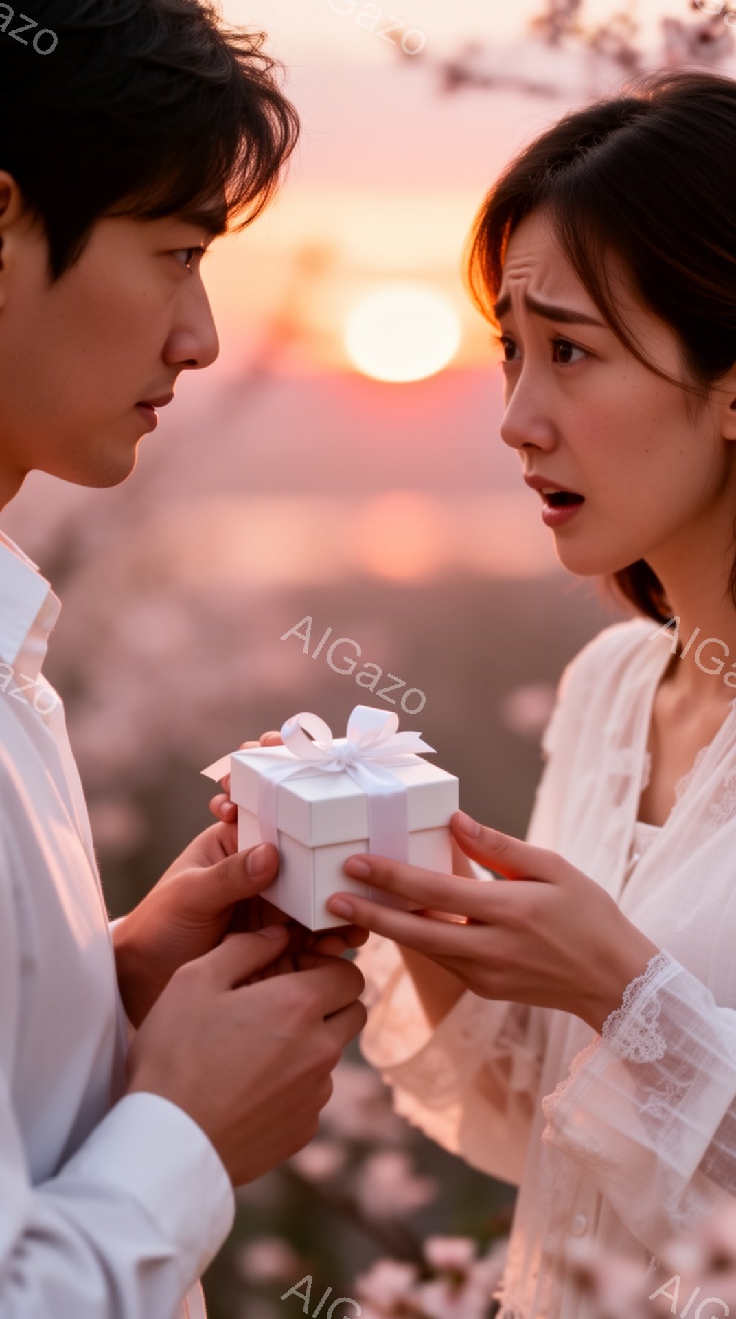 桜の花びらが舞う中、一人の男性が女性に白い箱を差し出している。女性は驚いた表情で箱を見つめ、その髪は軽くウェーブがかかり、白いレースのブラウスを着ている。背景には夕焼けが広がり、暖かくロマンチックな雰 - AI生成フリー素材