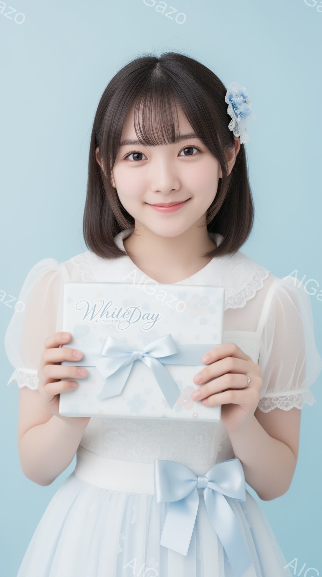 明るい笑顔の若い女性が、白いレースのフリルが付いたパステルブルーのドレスを着ています。彼女は両手で、水色のリボンで飾られた白いギフトボックスを正面に向けて持っています。背景は淡い水色で、全体的に柔らか - AI生成フリー素材