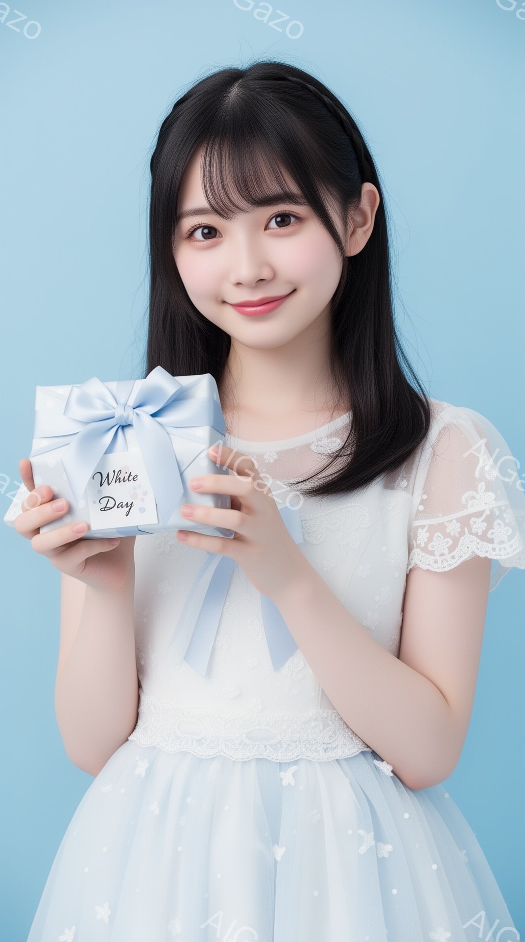 明るいブルーの背景を背景に、若い女性が立っています。彼女は白いレースの装飾が施された、淡いブルーのふわふわのドレスを着ており、髪は肩まで伸ばして前髪を下ろした、自然なダークブラウンのヘアスタイルです。彼女は微笑んでおり、両手で小さな水色のギフトボックス（「White Day」と書かれている）を抱えています。