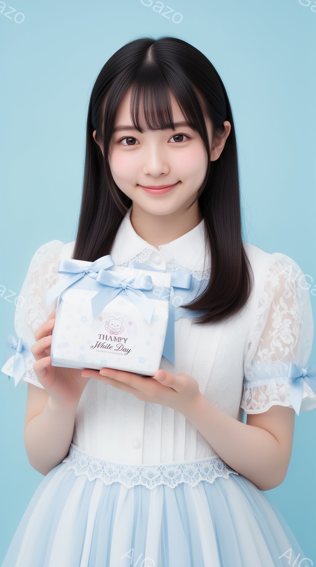 長い黒髪をセンターパートにした若い女性が、白いレースの付いたパステルブルーのフリルドレスを着ています。彼女は微笑んでおり、両手で「THAMPY」と書かれた淡い水色のギフトボックスを抱えています。背景は淡い水色で、人物に焦点が当てられ、全体的に柔らかく優しい雰囲気です。