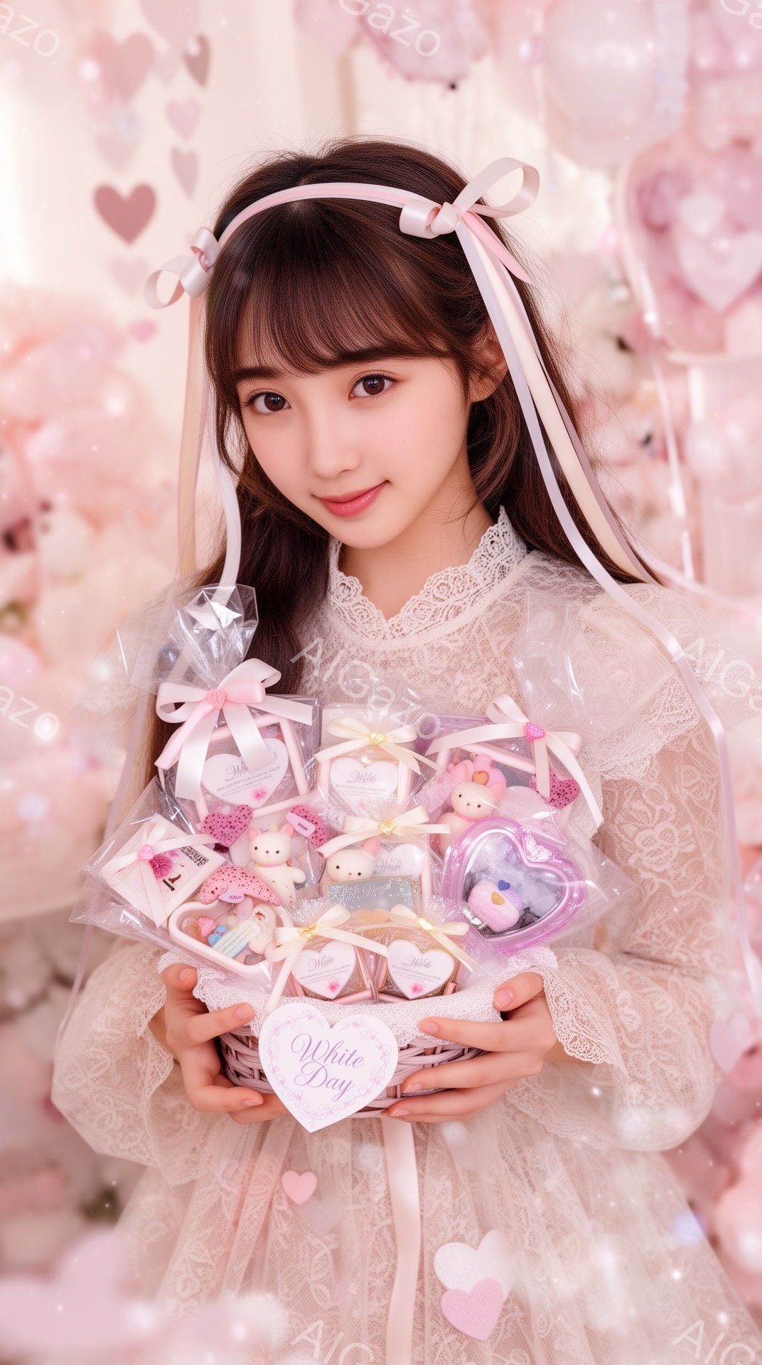 長い黒髪をハーフアップにし、白いレースのブラウスを着た若い女性が、たくさんの可愛らしいお菓子が入ったギフトセットを抱えています。彼女は微笑んでおり、その表情は優しく、幸せそうです。背景には、ピンクと白 - AI生成フリー素材