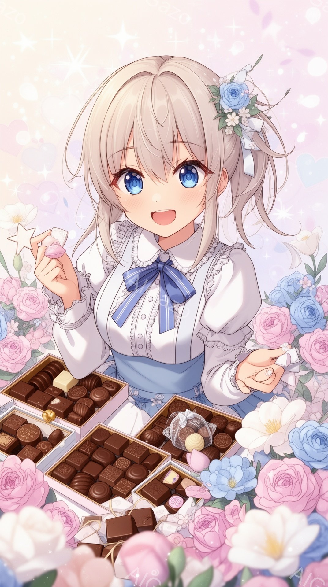 金髪碧眼の少女が、チョコレートが並んだ箱とバラの花に囲まれて描かれています。少女はフリル襟の白いブラウスと水色のリボン、エプロン姿で、片手にピンク色のマカロンを持ち、微笑んでいます。背景にはパステルカラーの花々が咲き乱れ、全体的に甘く優しい雰囲気を醸し出しています。