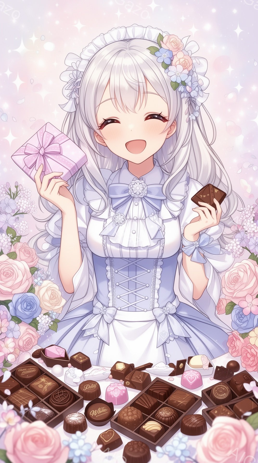 金髪碧眼の少女が、パステルカラーのローズガーデンを背景に、チョコレートの詰め合わせとリボンで飾られたギフトボックスを持って微笑んでいます。彼女はフリルとレースが特徴の白いドレスを身につけ、髪は長くウェーブがかかっており、頭には小さな花飾りをつけています。全体的に、明るく甘い、夢のような雰囲気です。