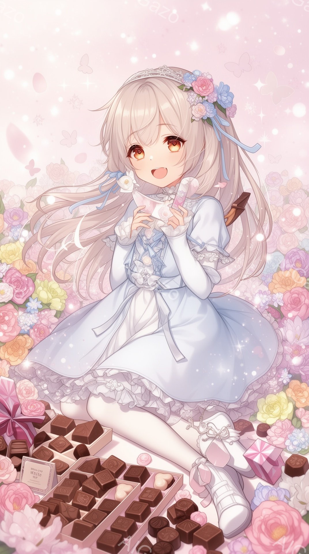明るい金髪の少女が、淡い水色のドレスと白いフリルソックスを身に着け、優しい笑顔を浮かべています。彼女は片手にチョコレートを抱え、もう片手で髪を少し持ち上げています。背景には、ピンクや白のバラなどの花々が咲き乱れ、ロマンチックで夢のような雰囲気を醸し出しています。
