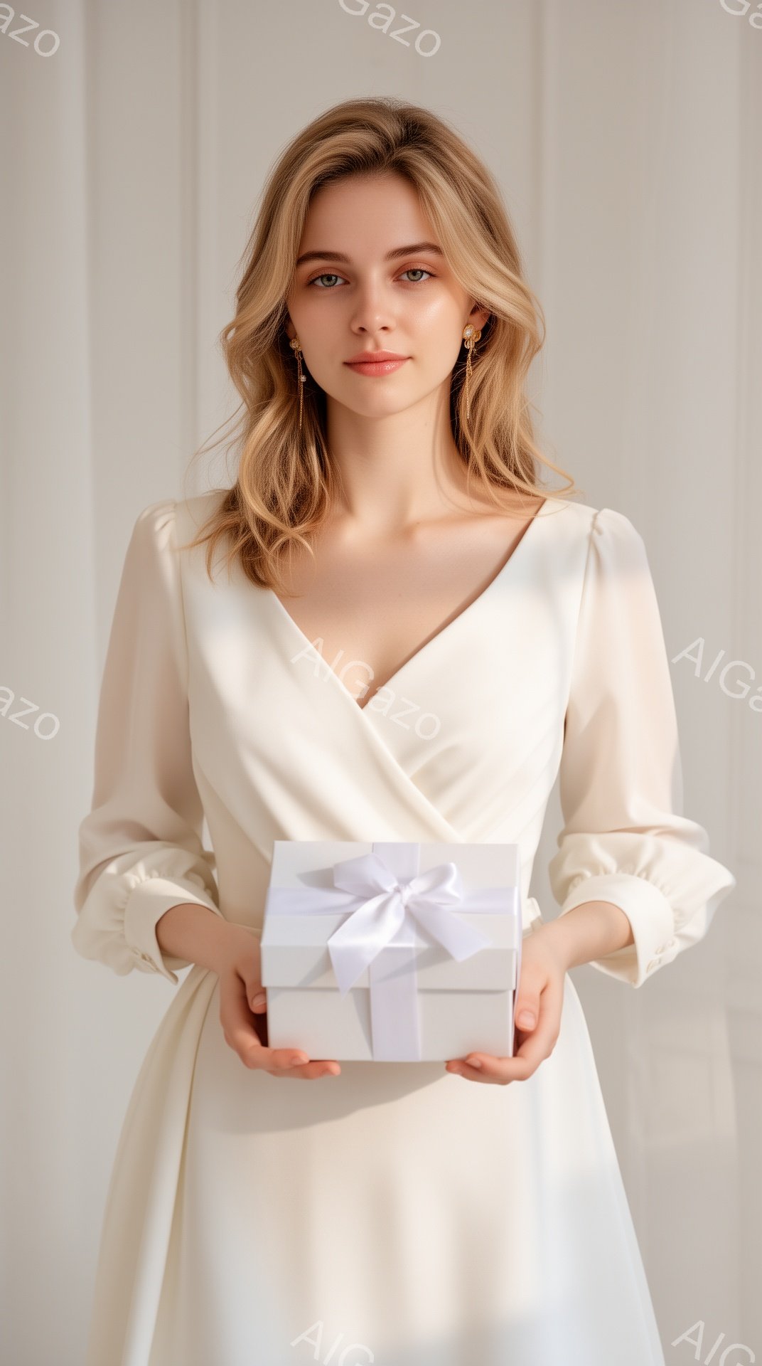 長いブロンドの髪をした女性が、オフホワイトの優雅なロングドレスを着用し、優しい微笑みを浮かべています。彼女は両手で白いリボンで飾られた白い箱を抱え、大きな耳飾りを身につけています。背景はぼやけています - AI生成フリー素材