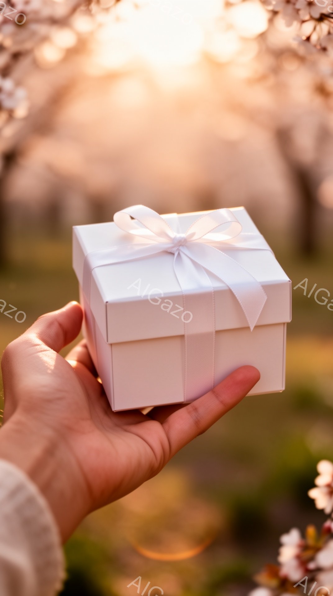白い箱が手のひらで優しく支えられています。箱はリボンで丁寧に飾られており、贈り物として特別な意味合いを湛えています。背景には桜が咲き誇るぼやけた風景が広がり、暖かくロマンチックな雰囲気を醸し出しています。