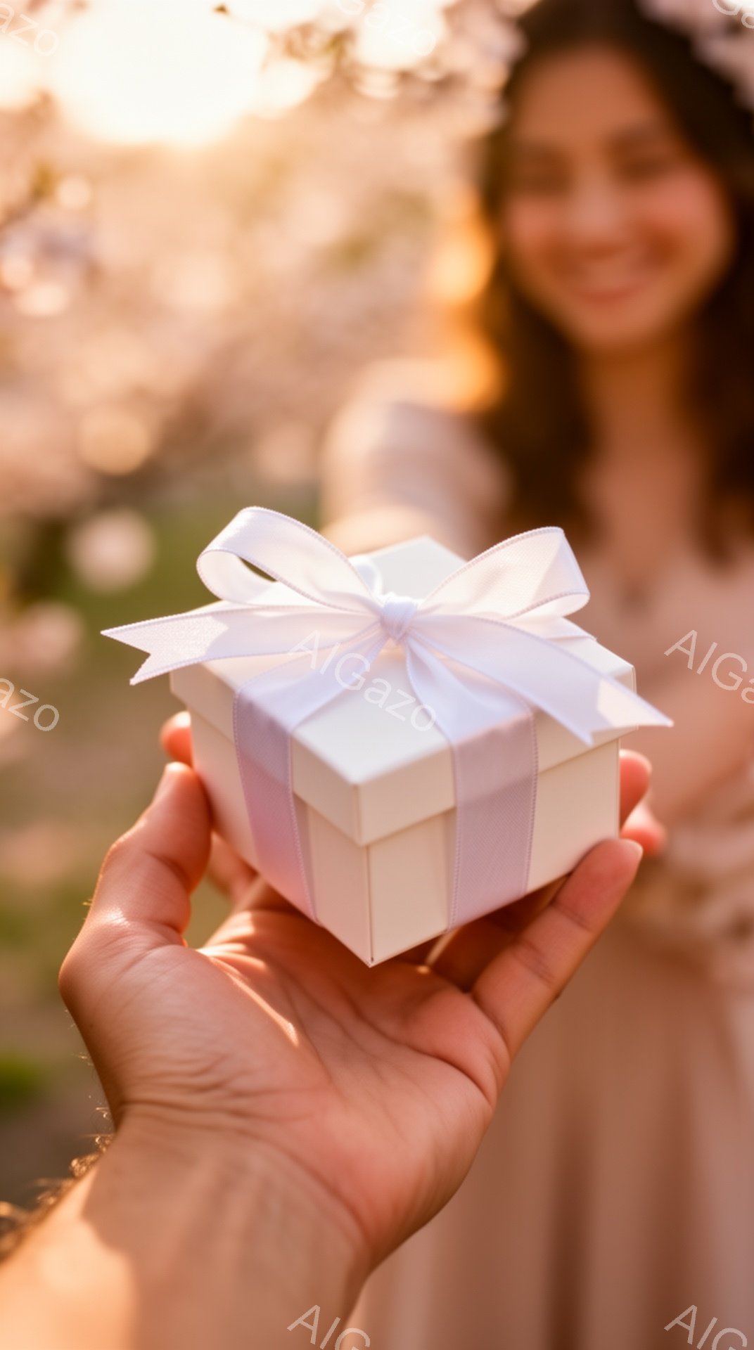 画像には、贈り物のような白い箱が、誰かの手のひらで差し出されている様子が写っています。背景には、ぼんやりと桜の花びらが舞い散る春の風景と、微笑む女性が捉えられています。全体的に柔らかい光に包まれ、温か - AI生成フリー素材