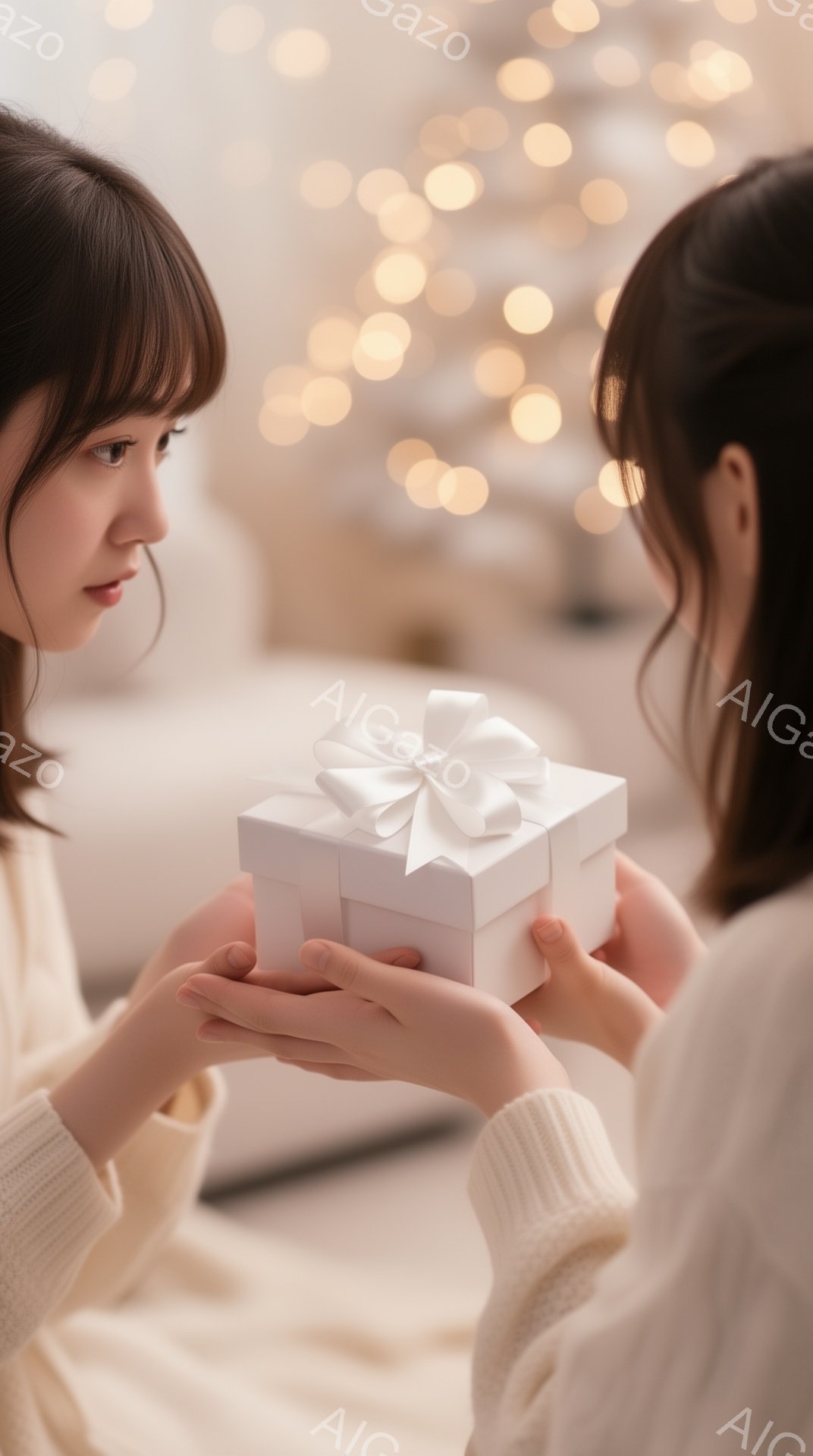 2人の女性が、白い箱を互いに向かい合って持っています。彼女たちは白いセーターを着ており、一人は前髪を下ろしたダークブラウンのヘアスタイル、もう一人はロングヘアです。背景にはぼやけた光のイルミネーション - AI生成フリー素材