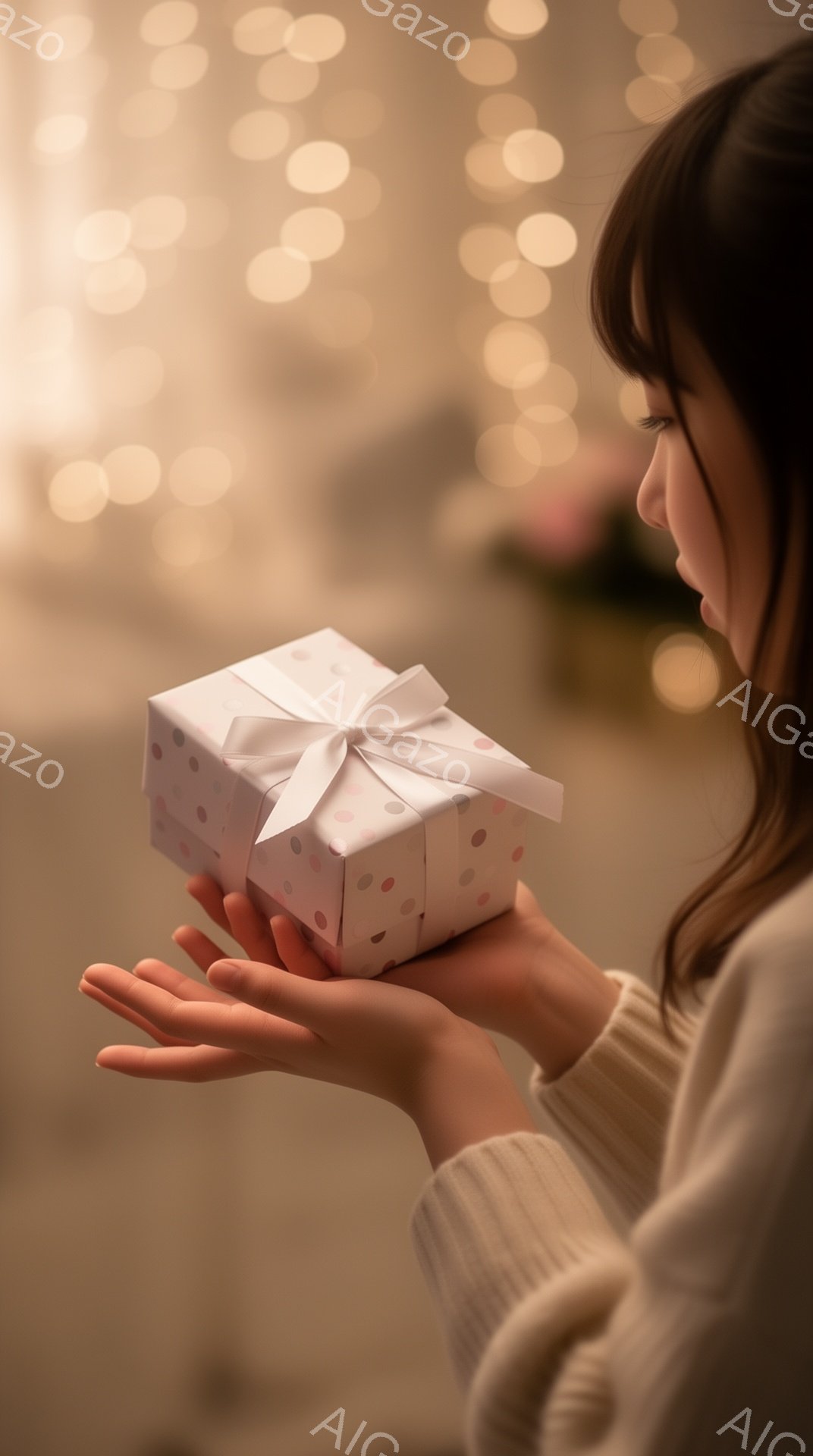 長い髪の女性が、小さな水玉模様のギフトボックスを手のひらで優しく見つめています。彼女はオフホワイトのセーターを着ており、背景はぼやけた暖かい光で満たされ、お祝いのような雰囲気を醸し出しています。その光はまるでフェアリーライトのように、柔らかくロマンチックな印象を与えます。