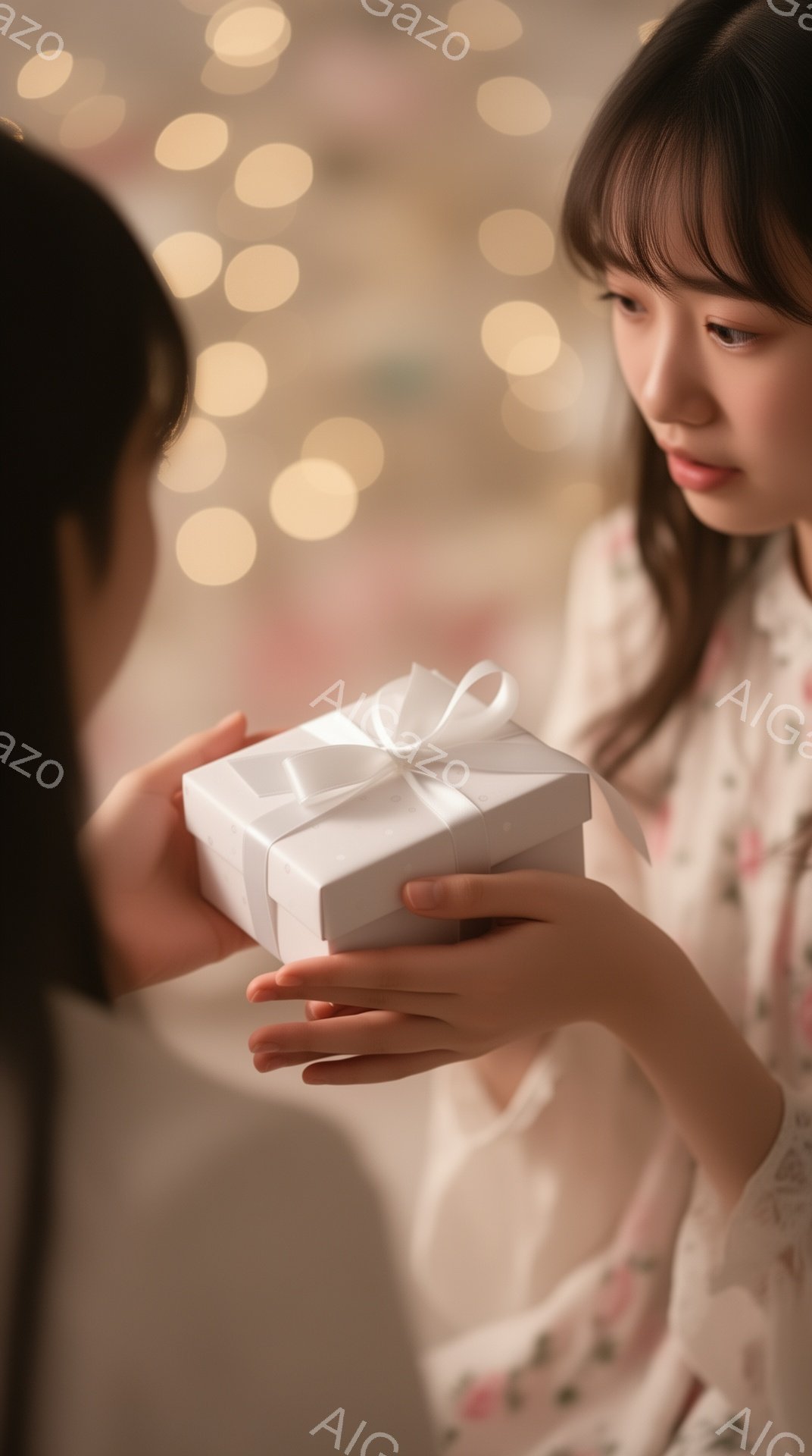 一人の女性が白い箱型のプレゼントを両手で差し出しています。彼女は肩までの長さの黒髪で、白い花柄のブラウスを着ています。背景はぼやけた光のぼんやりとした輪で、贈り物を受け取る相手の手が見えます。