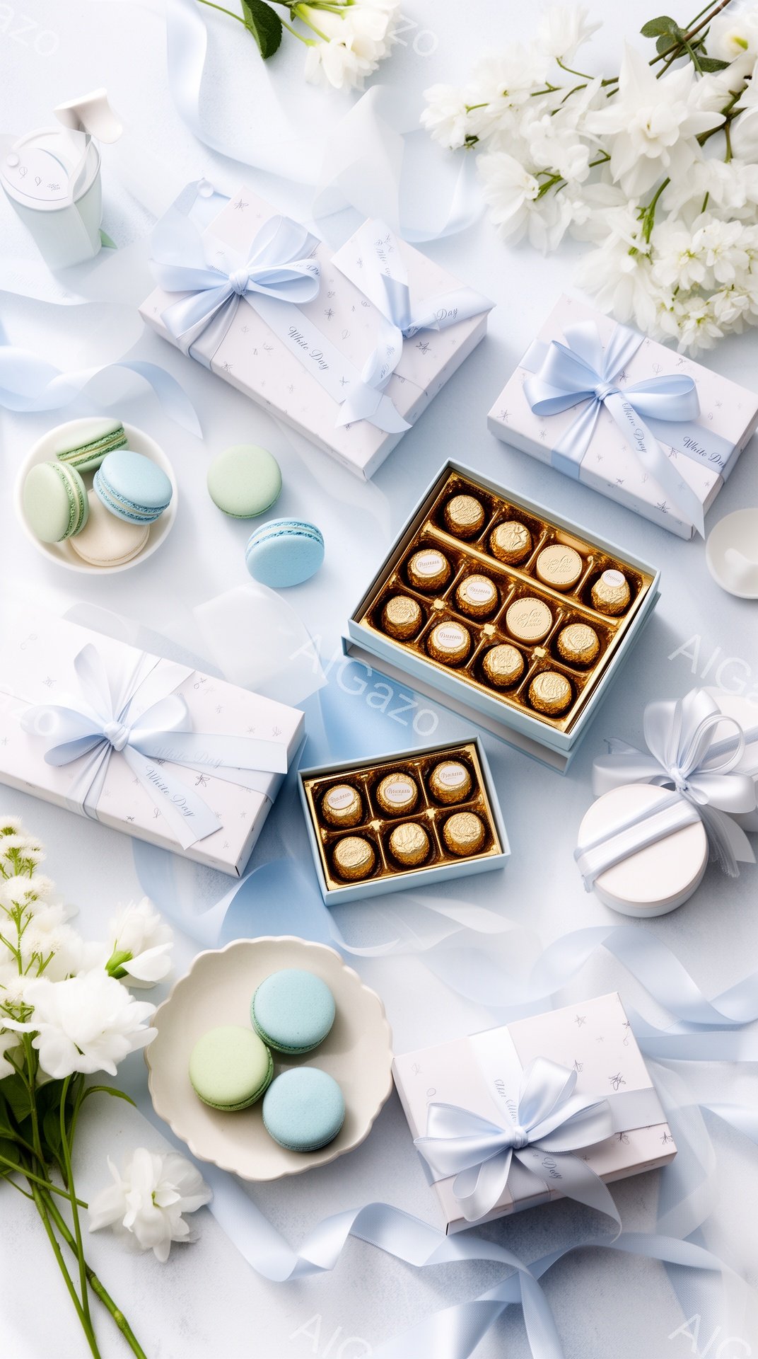 白い背景の上に、マカロンとチョコレート、そしてラッピングされたプレゼントの箱が散りばめられています。淡い青のリボンで結ばれた箱には「White Day」と書かれており、春らしい白い花が添えられています - AI生成フリー素材