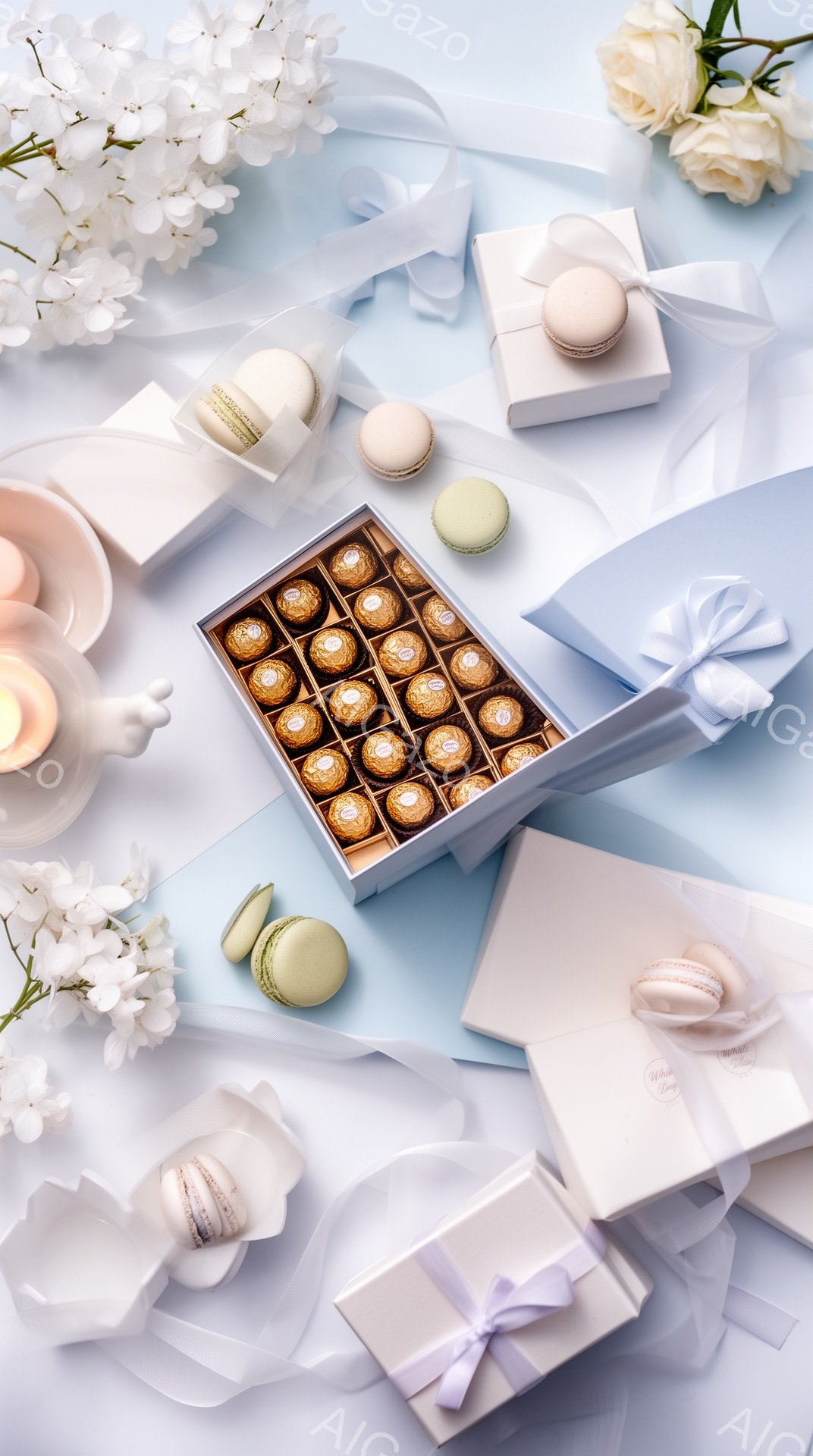 淡い水色の背景に、マカロンやチョコレート、ギフトボックスが散りばめられた静物画です。白と薄緑色のマカロン、金色のチョコレート、白いリボンのかかったギフトボックスが、優雅で上品な雰囲気を醸し出しています。背景には白い花が添えられ、全体的に柔らかく、夢幻的な印象を与えます。