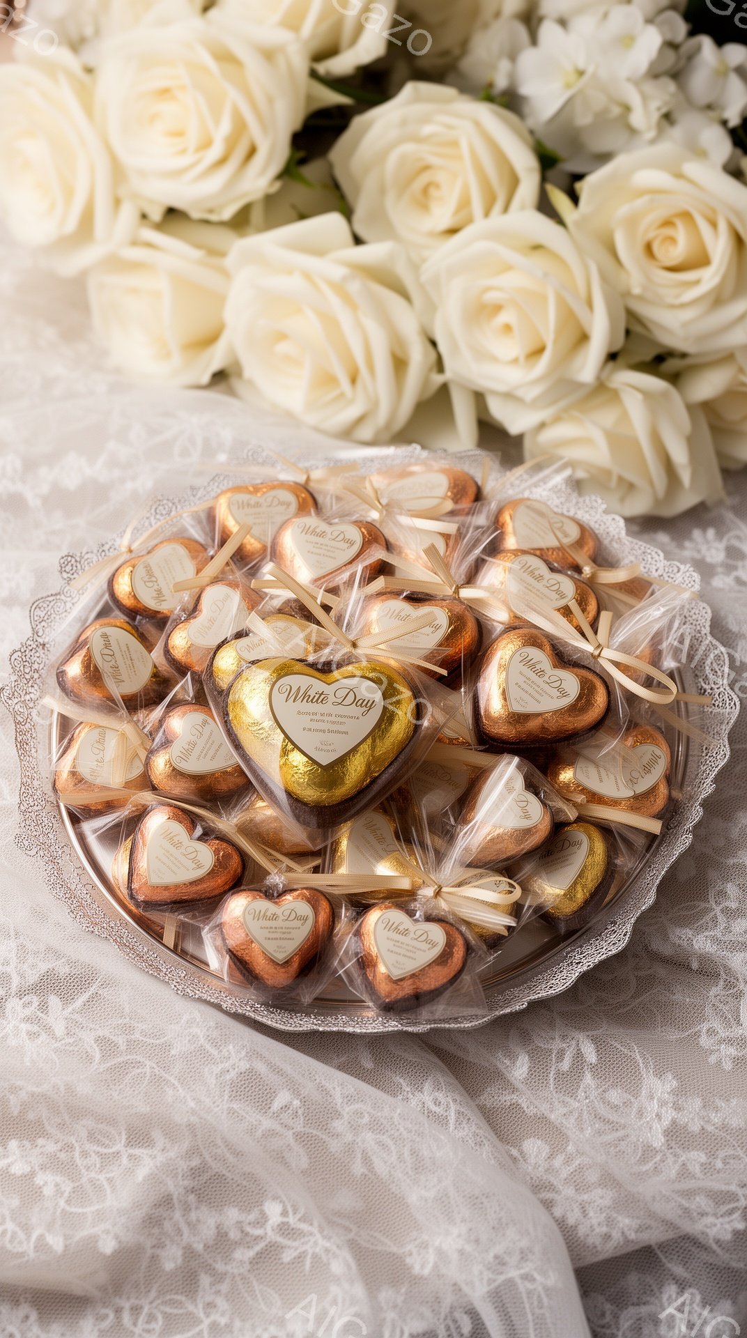 白いレースの布の上に、たくさんのチョコレートが置かれたお皿が写っています。チョコレートはハートの形をしており、それぞれ金色の包装紙と白いリボンで結ばれています。背景には、白いバラの花束がぼんやりと写っ - AI生成フリー素材