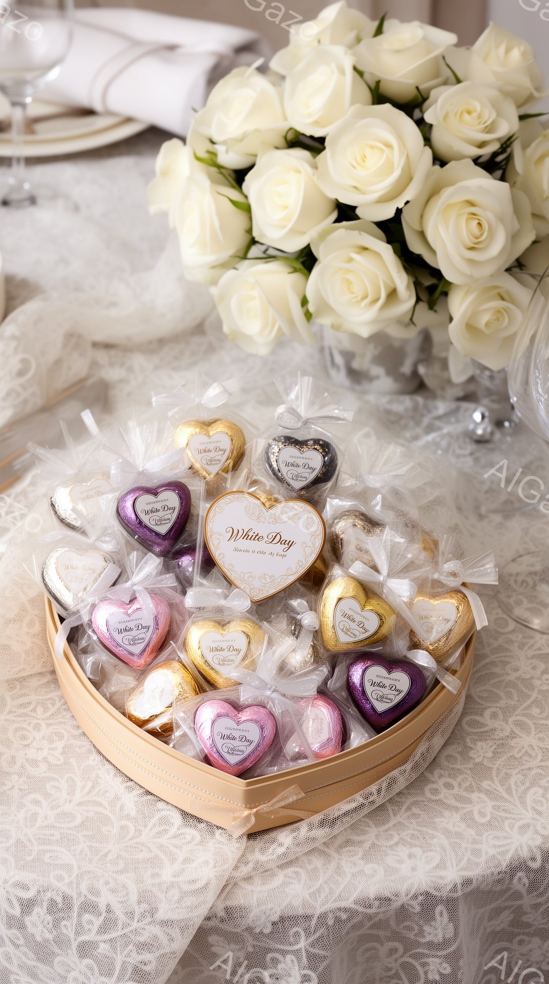 白いバラの花束と、様々な色の包装紙で包まれたチョコレートが楕円形の白いトレイに並んでいます。背景には繊細なレース模様の白い布が敷かれており、全体的にロマンチックで優しい雰囲気を醸し出しています。チョコレートには「White Day」と書かれたロゴが刻印されており、バレンタインデーのお返しを想起させます。