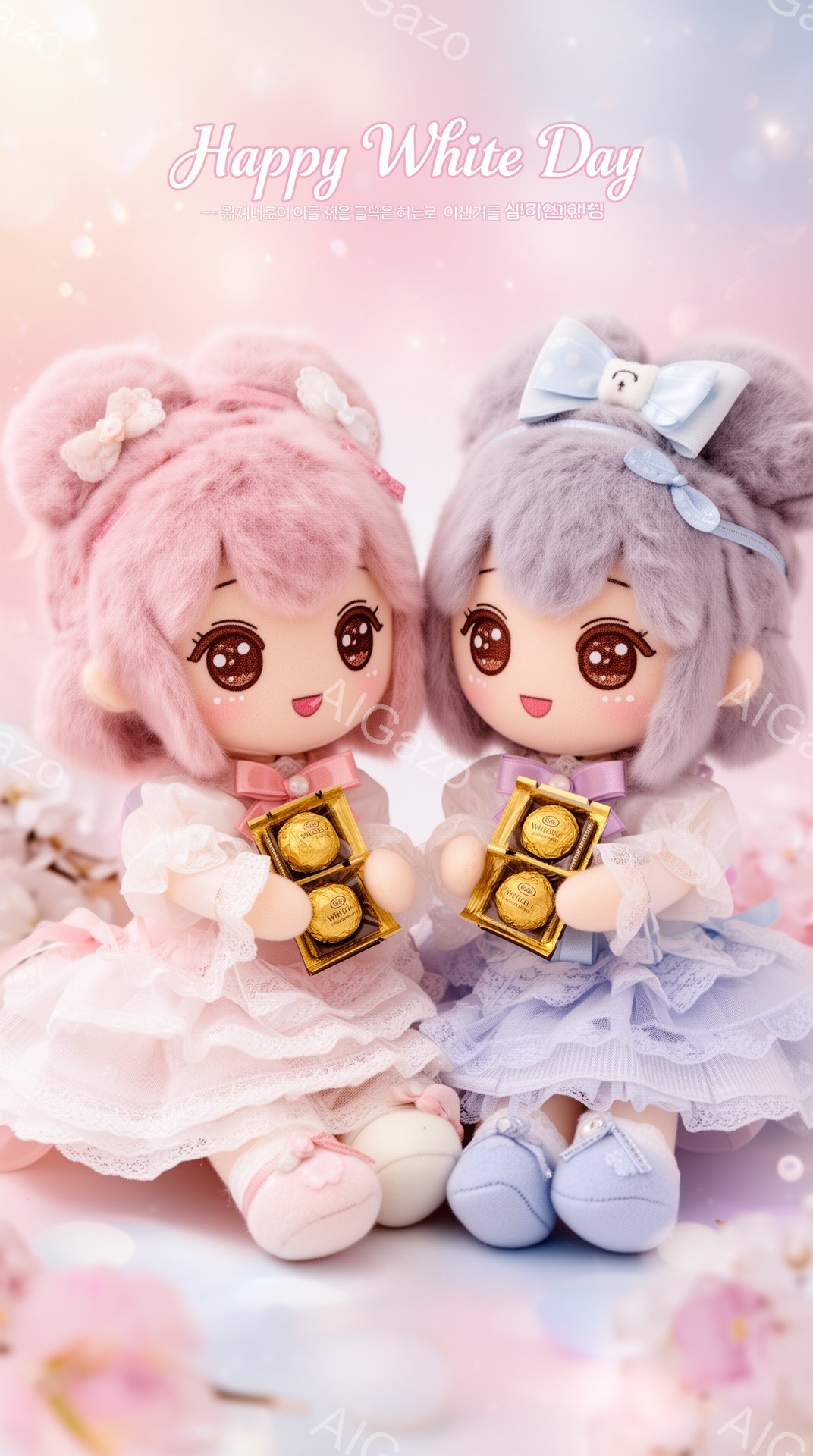 白い背景に、可愛らしい人形が二人並んで立っています。ピンクと水色のドレスを着ており、髪にはそれぞれリボンと大きなリボンがついたカチューシャをつけています。人形たちはそれぞれゴールドのラッピングのチョコレートを持っており、楽しげな表情でこちらを見つめています。