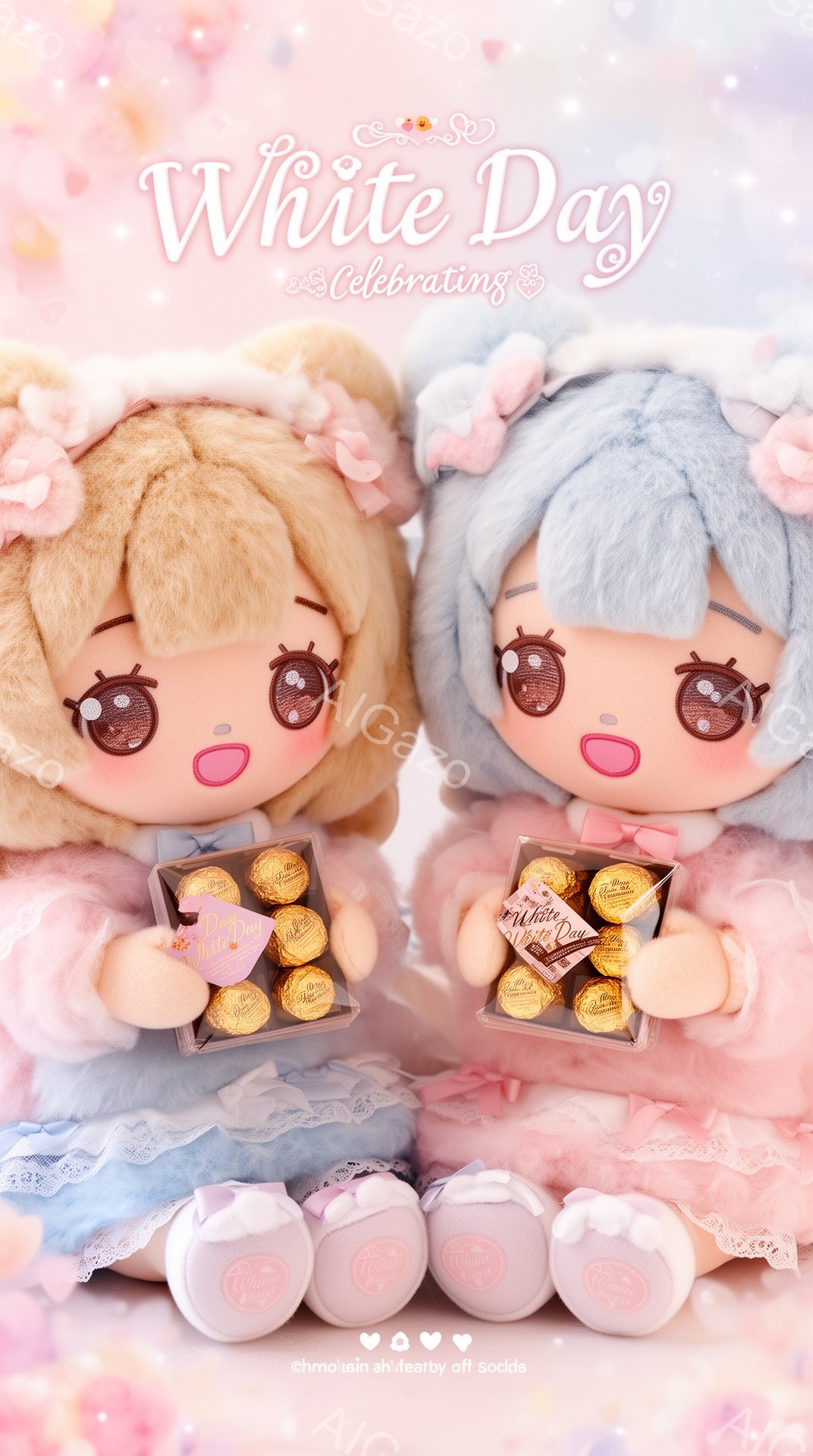 白い背景に、ふわふわとした髪型で可愛らしいぬいぐるみが二体並んで立っています。それぞれパステルピンクとラベンダー色のドレスを着ており、小さな透明な箱に入ったフェレロ・ロシェのチョコレートを持っています - AI生成フリー素材