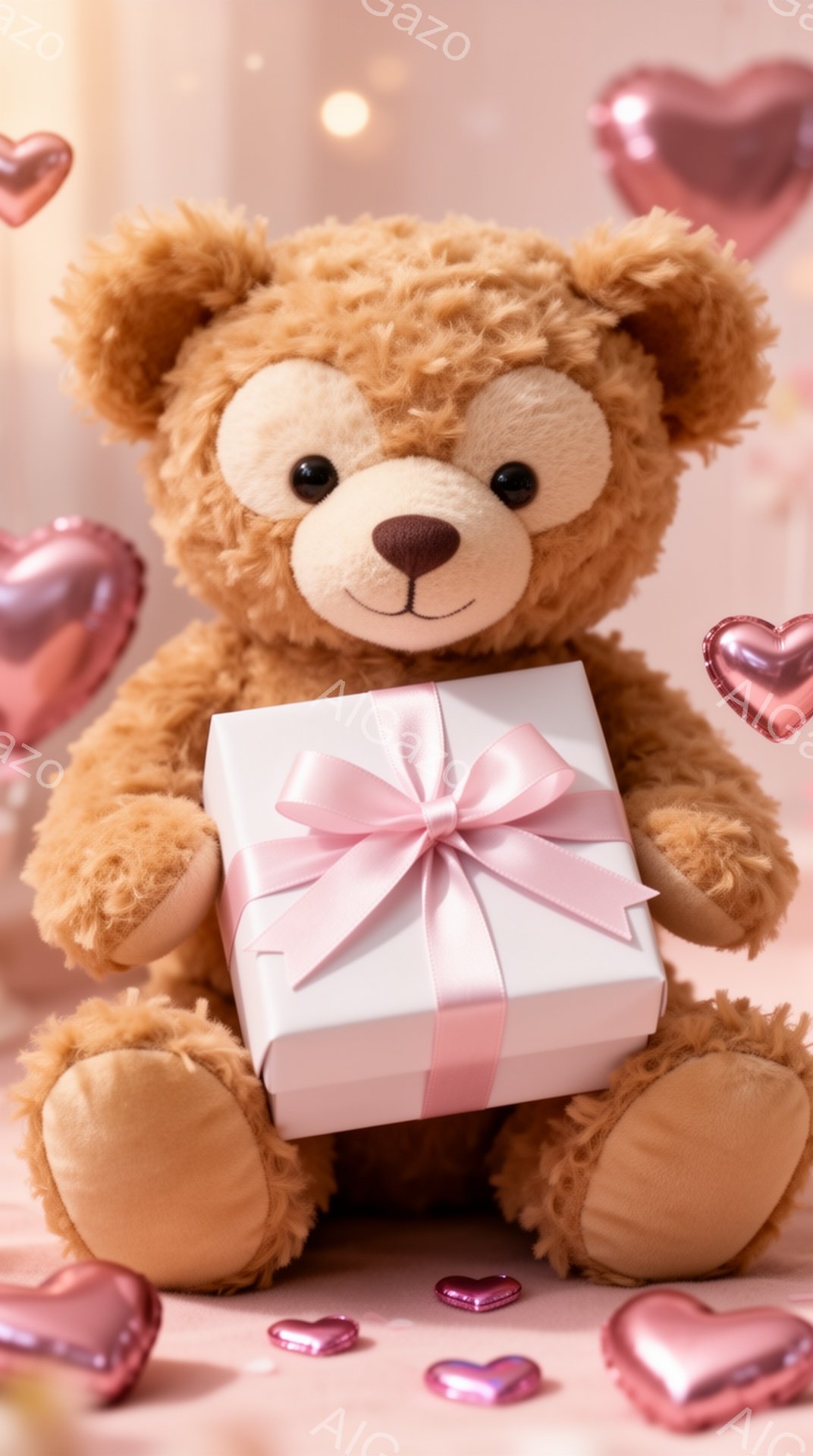 ふわふわの茶色のテディベアが、白いリボンのかかった白い箱を抱えています。背景にはピンク色のハート型のものが散りばめられ、お祝いや愛情溢れる雰囲気が漂っています。柔らかい光がベアを照らし、温かさと安心感を与えます。