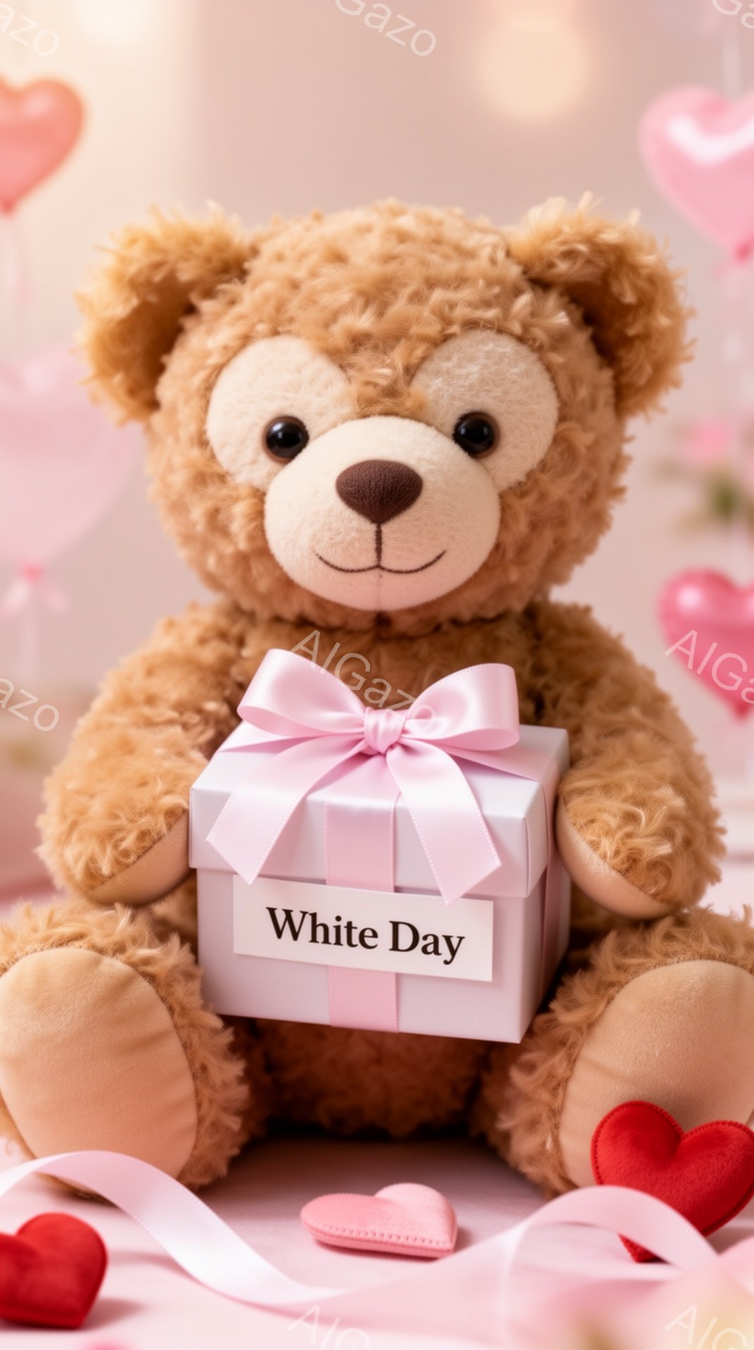 柔らかい茶色のテディベアが、ピンク色のリボンで飾られた白い箱を抱えています。背景には、さまざまな大きさの赤いハートとピンクのリボンが散りばめられ、ロマンチックな雰囲気を醸し出しています。箱には「Whi - AI生成フリー素材
