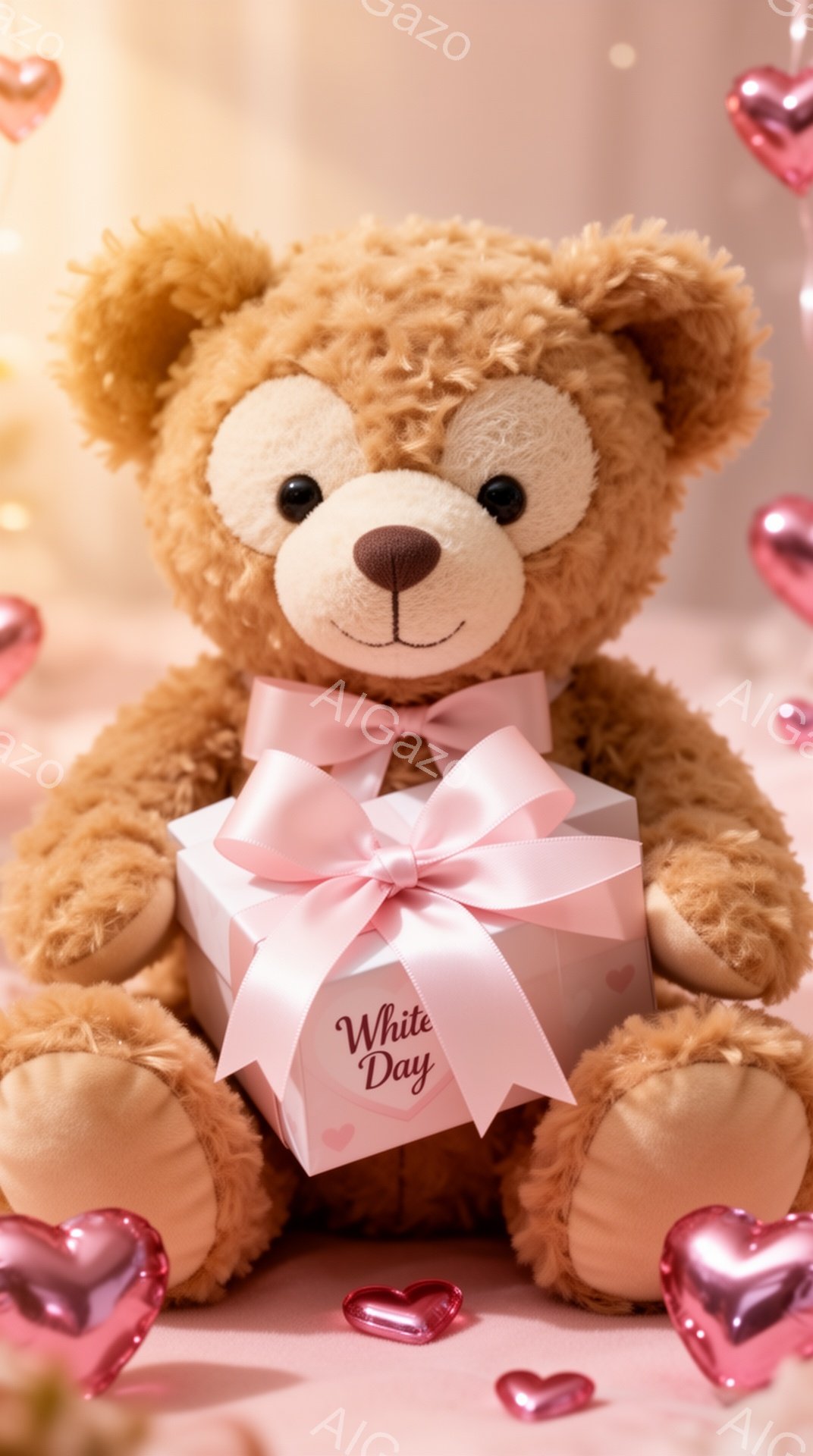 温かい茶色のテディベアが、ピンクのリボンで結ばれた白いギフトボックスを抱えています。「White Day」と書かれたタグがリボンに付いています。背景には、ぼやけた光とピンク色のハート型の装飾が散りばめ - AI生成フリー素材