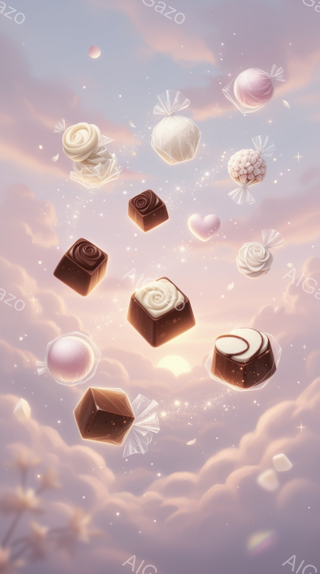 柔らかいピンクと紫色のグラデーションが美しい空背景に、様々なチョコレート菓子が浮かんでいます。チョコレートは、バラの形や渦巻き模様、あるいはピーナッツのような形をしており、それぞれ美しいラッピングペー - AI生成フリー素材