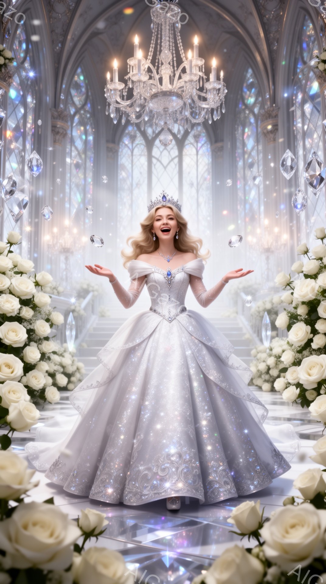 光り輝くボールルームで、金髪の女性が豪華な銀色のガウンを身につけ、両手を広げて喜んでいます。彼女はティアラをつけ、満面の笑みを浮かべており、背景には装飾的なアーチ、シャンデリア、そして白いバラが咲き乱れています。全体的に、夢のような、幻想的で、おとぎ話のような雰囲気が漂っています。