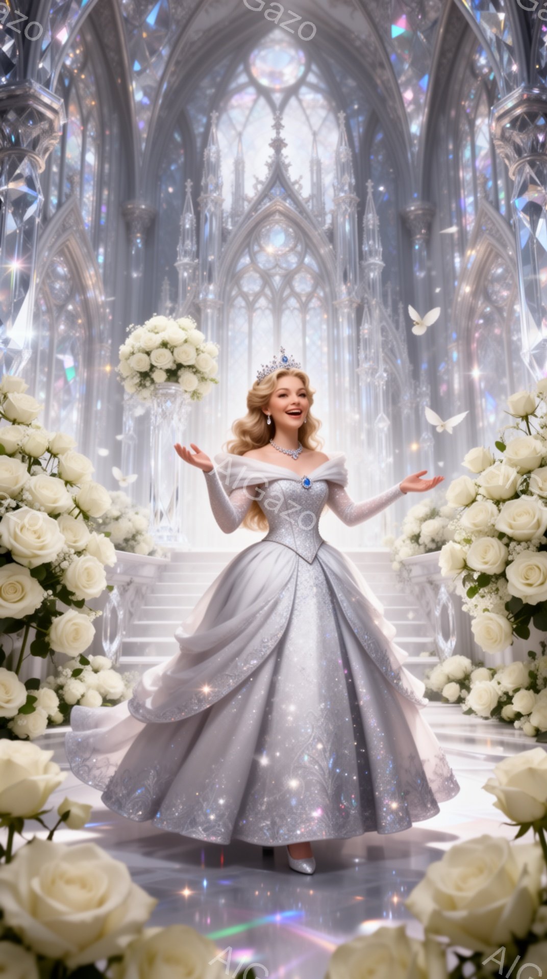 白い豪華なドレスを着た女性が、広々とした大聖堂のような空間で両手を広げて立っています。彼女は金色のカールした髪にティアラをつけ、優しい笑顔を浮かべています。背景にはステンドグラスの窓、白いバラの花のアーチ、そして舞い飛ぶ蝶が描かれ、夢のような雰囲気を醸し出しています。