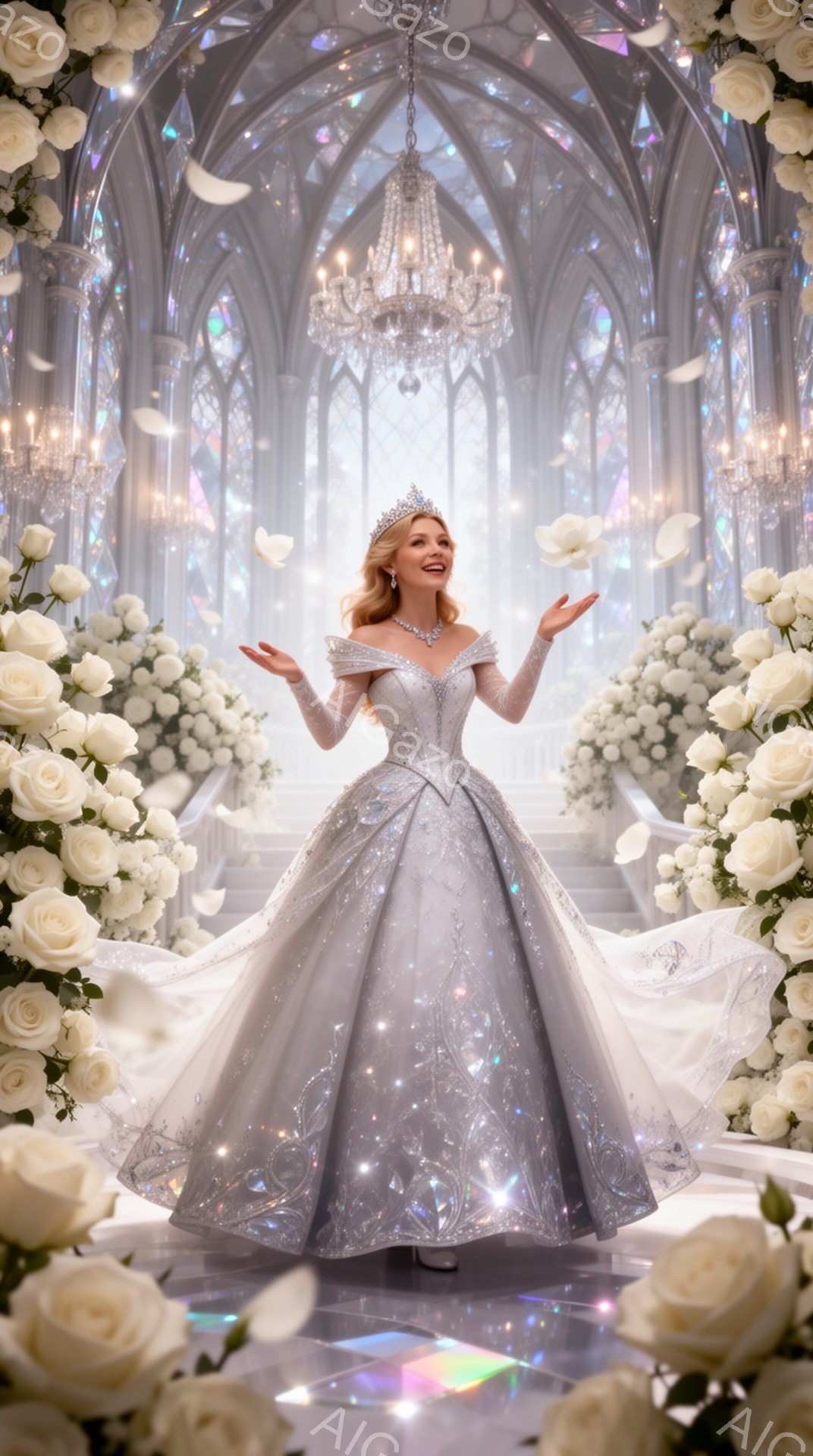 白い豪華なドレスを身に着けた女性が、両手を広げ微笑んでいます。彼女はティアラをつけ、カールした金髪が肩にかかっています。背景はステンドグラスのアーチやシャンデリア、そして白いバラで飾られた祭壇があり、 - AI生成フリー素材