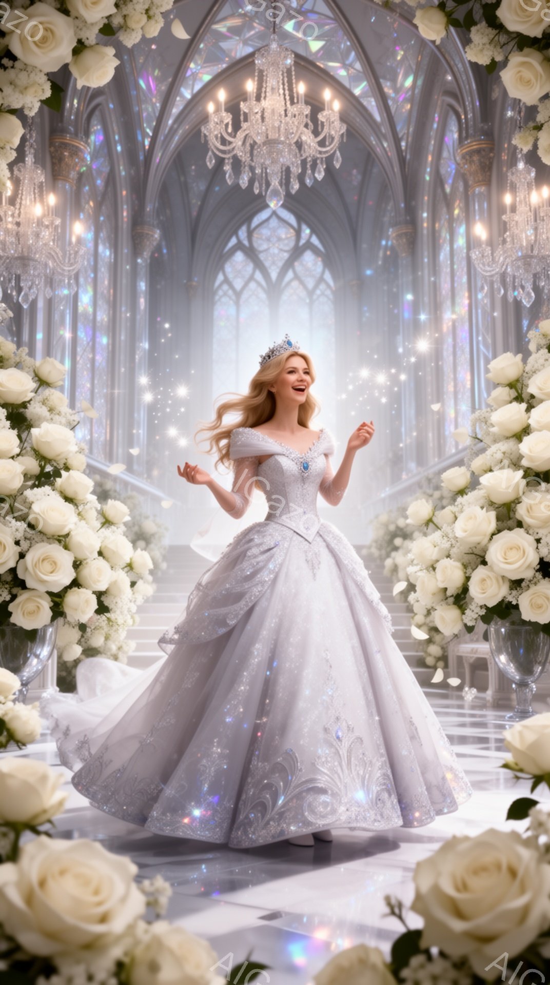 白く輝く豪華なボールガウンを身につけた女性が、広々とした大聖堂のような空間で優雅に微笑みながら両手を広げています。彼女の金髪はゆるやかにカールし、頭にはティアラが輝き、幸福感に満ちた表情が印象的です。背景には高いアーチ型の窓、シャンデリア、そして白いバラの花が飾られており、夢のような幻想的な雰囲気を醸し出しています。