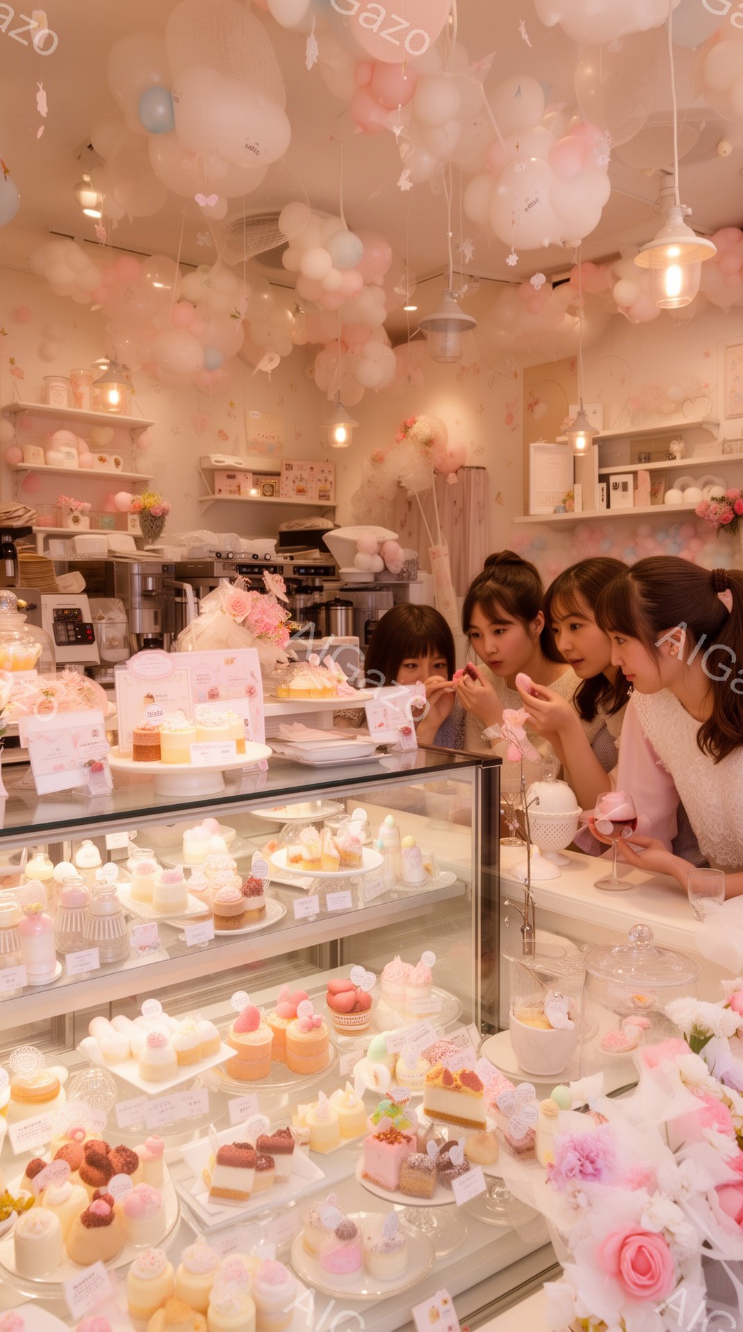 明るいピンクと白を基調としたケーキ屋で、ショーケースには様々な美しいケーキやマカロンが並んでいます。三人の若い女性がショーケースを覗き込み、興味深そうにケーキを選んでいます。天井からはたくさんの風船が吊るされており、可愛らしく夢のような雰囲気を醸し出しています。