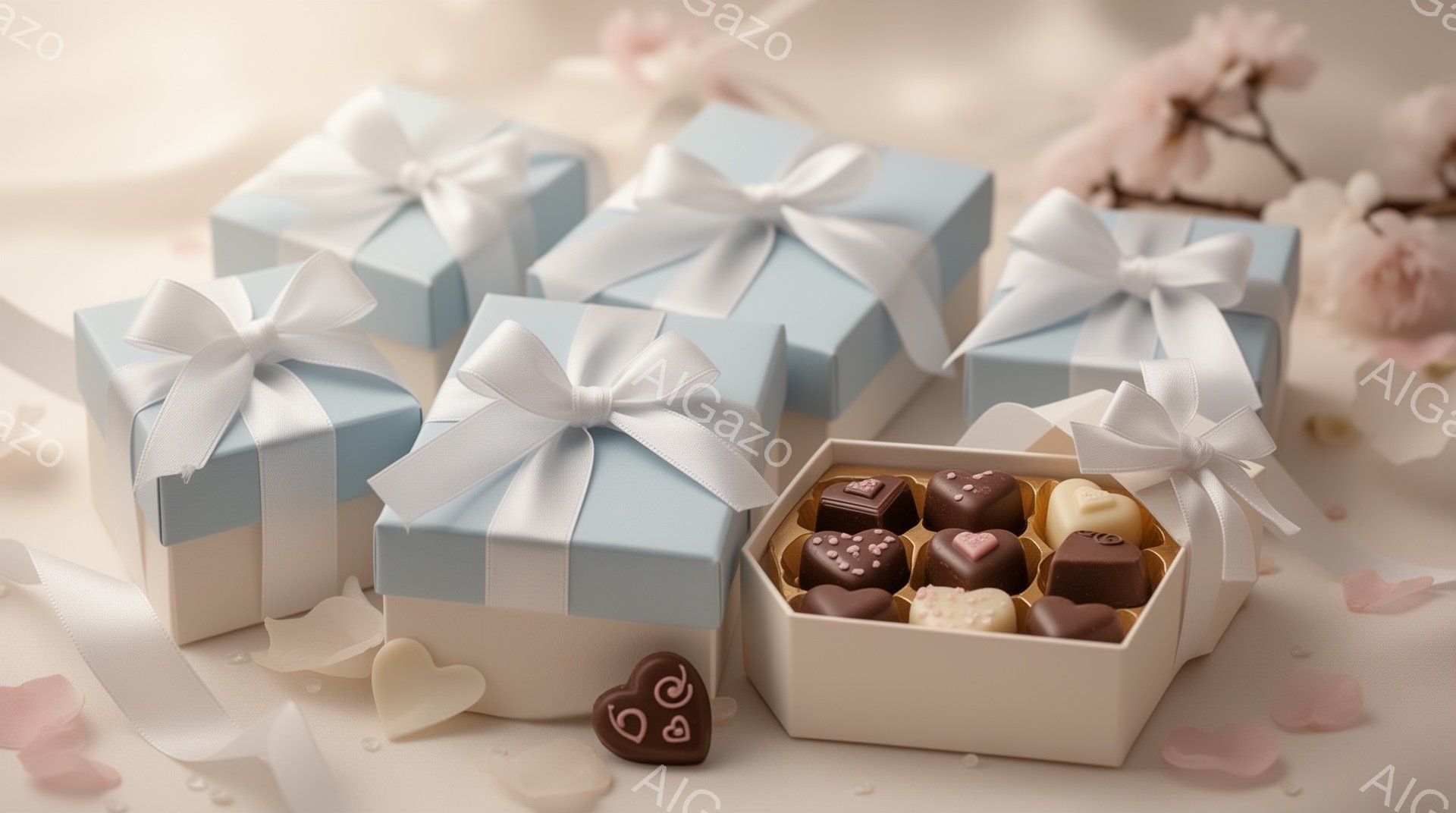 淡い水色のギフトボックスが三つ、白いリボンで飾られて並べられています。その隣には、様々なチョコレートが並んだオフホワイトの箱が開いており、ハート型のチョコレートも数個、散りばめられたピンク色の花びらが春らしい雰囲気を醸し出しています。全体的に柔らかい光に包まれ、優しく甘い、ロマンチックな印象を与えます。