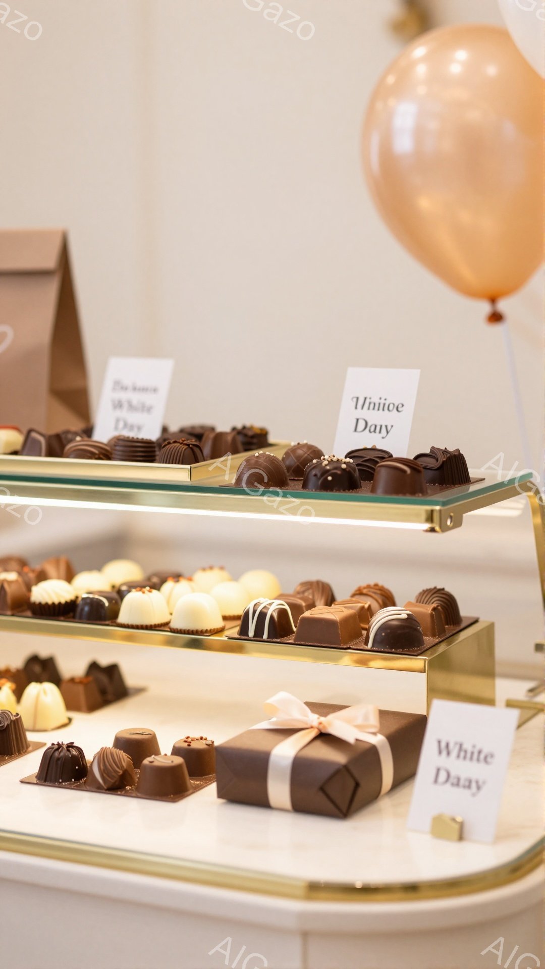 ショーケースの中に様々なチョコレートが整然と並べられています。明るい背景とチョコレートの茶色、白のコントラストが美しく、上品な雰囲気を醸し出しています。右上にわずかに見えるピンク色の風船が、可愛らしさ - AI生成フリー素材