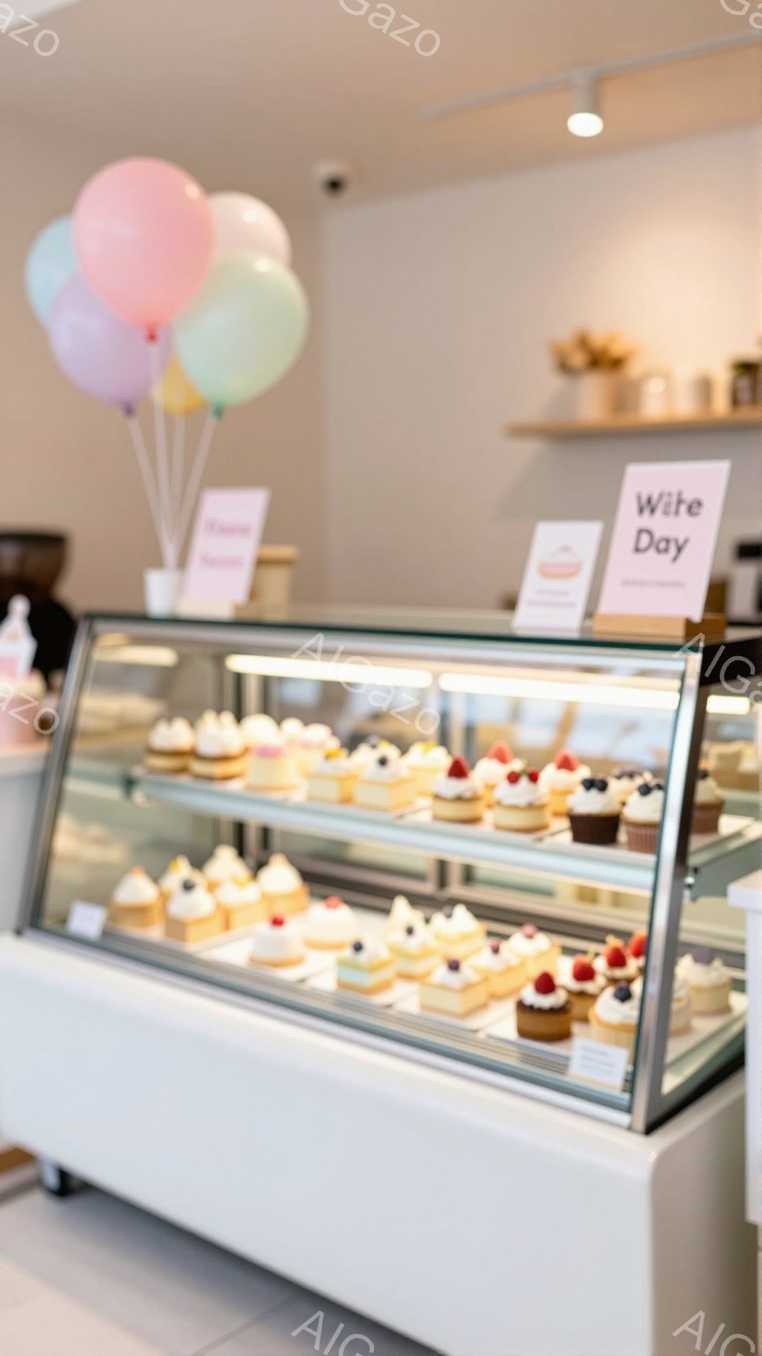 白いショーケースの中に、可愛らしい小さなケーキやペストリーが並んでいます。背景は薄いピンク色の壁と木製の棚があり、クリーム色やパステルカラーの風船が飾られており、全体的に柔らかく甘い雰囲気が漂っていま - AI生成フリー素材