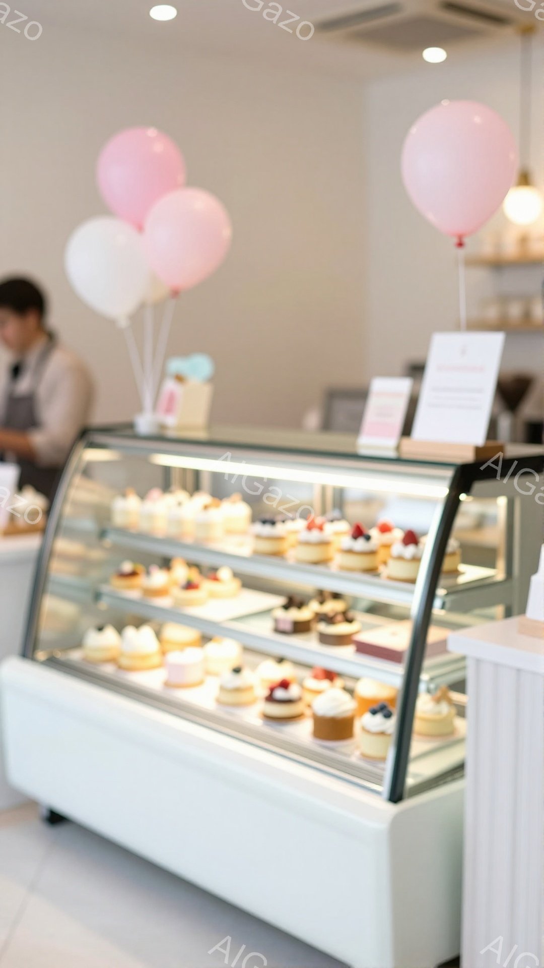 白いケーキショーケースには、可愛らしいミニケーキが整然と並べられています。背景には薄いピンク色の風船が浮かび、明るく清潔感のあるパティスリーの雰囲気が伝わってきます。左手には白いシャツを着た店員らしき人物が少しだけ見えていますが、表情ははっきりとはわかりません。