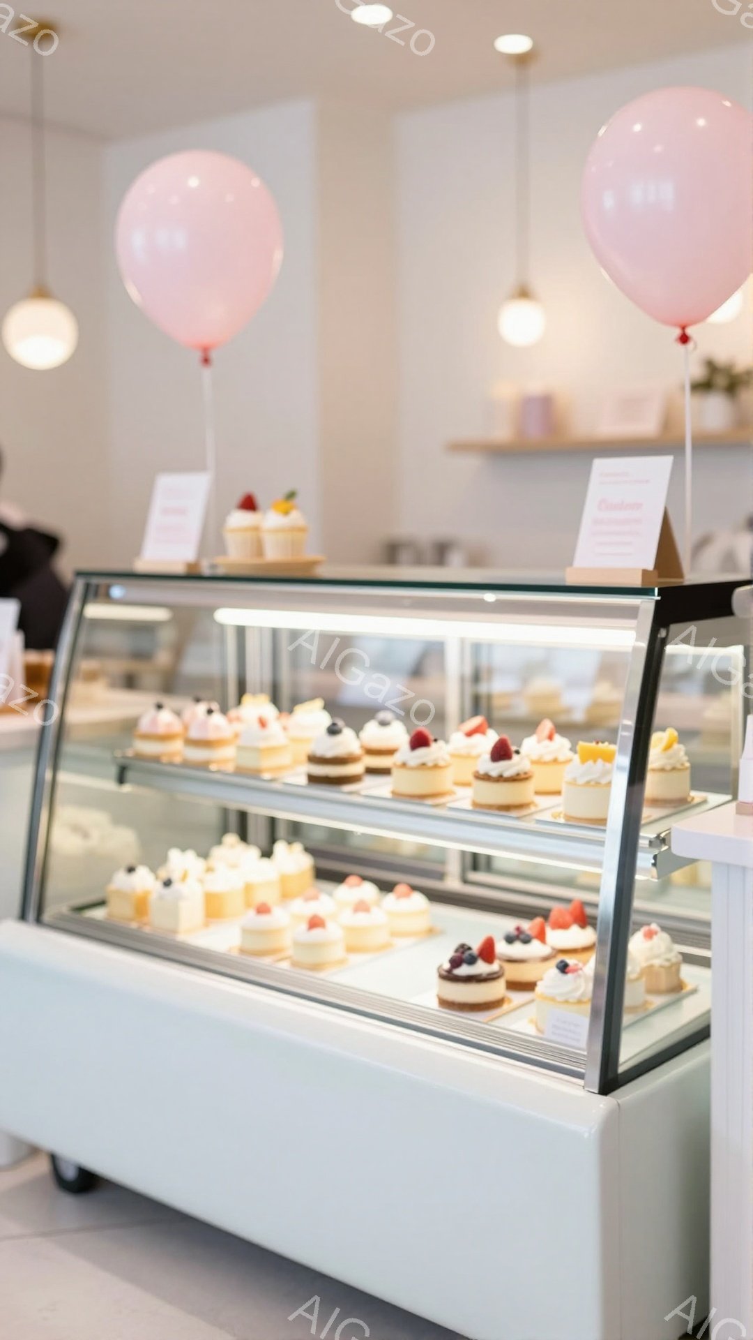 白いショーケースには、様々な種類の可愛らしいケーキが並べられています。天井からは、淡いピンク色の風船がいくつか吊るされており、店内は明るく華やかな雰囲気です。背景には、木製の棚と、ぼんやりと見える植物 - AI生成フリー素材