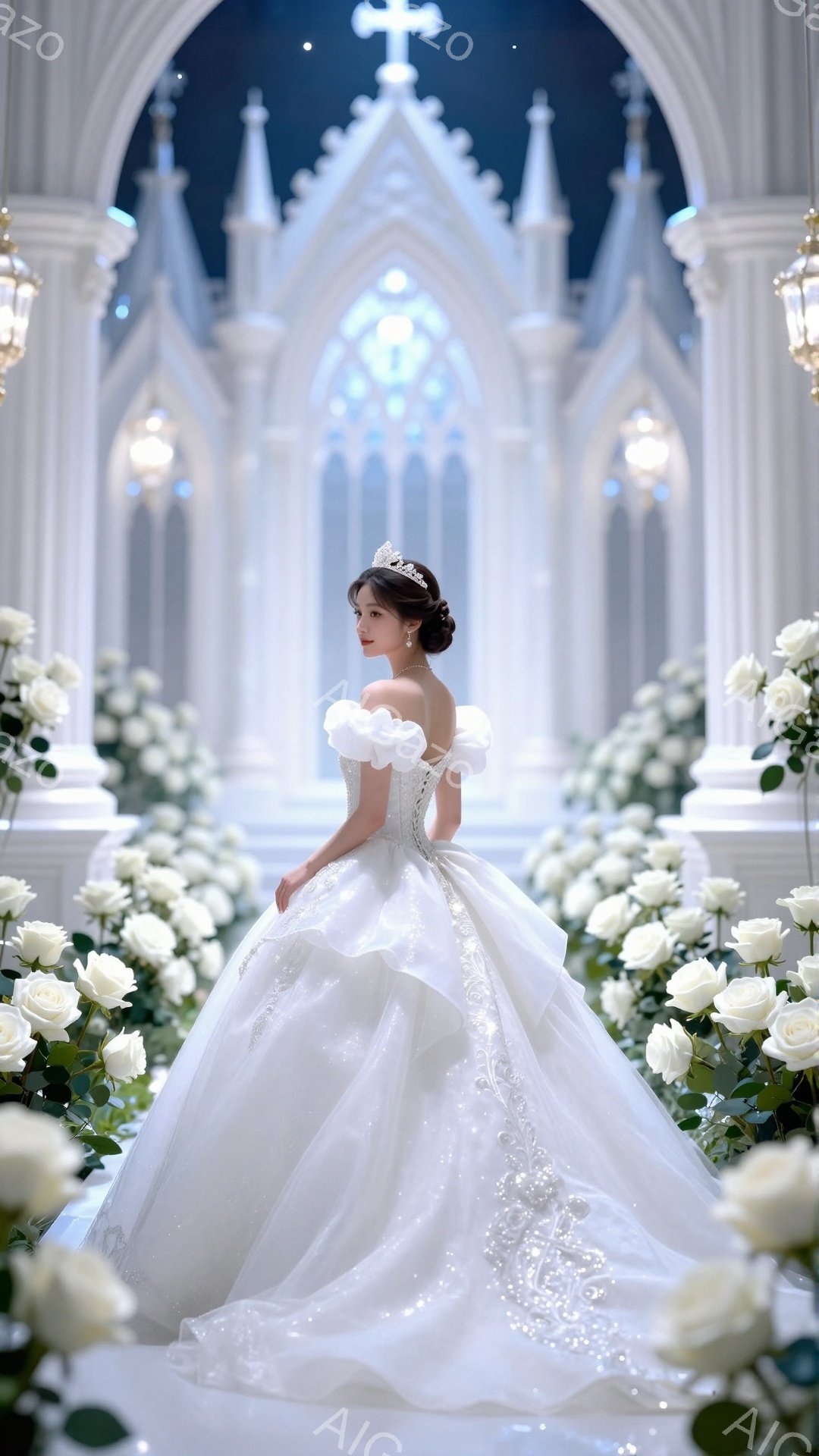 白いウェディングドレスを身につけた女性が、白いバラの花道の中央を歩いている。ドレスはオフショルダーで、きらびやかな装飾が施されており、頭にはティアラをつけている。背景には、ゴシック様式の美しい教会が見え、幻想的な雰囲気を醸し出している。
