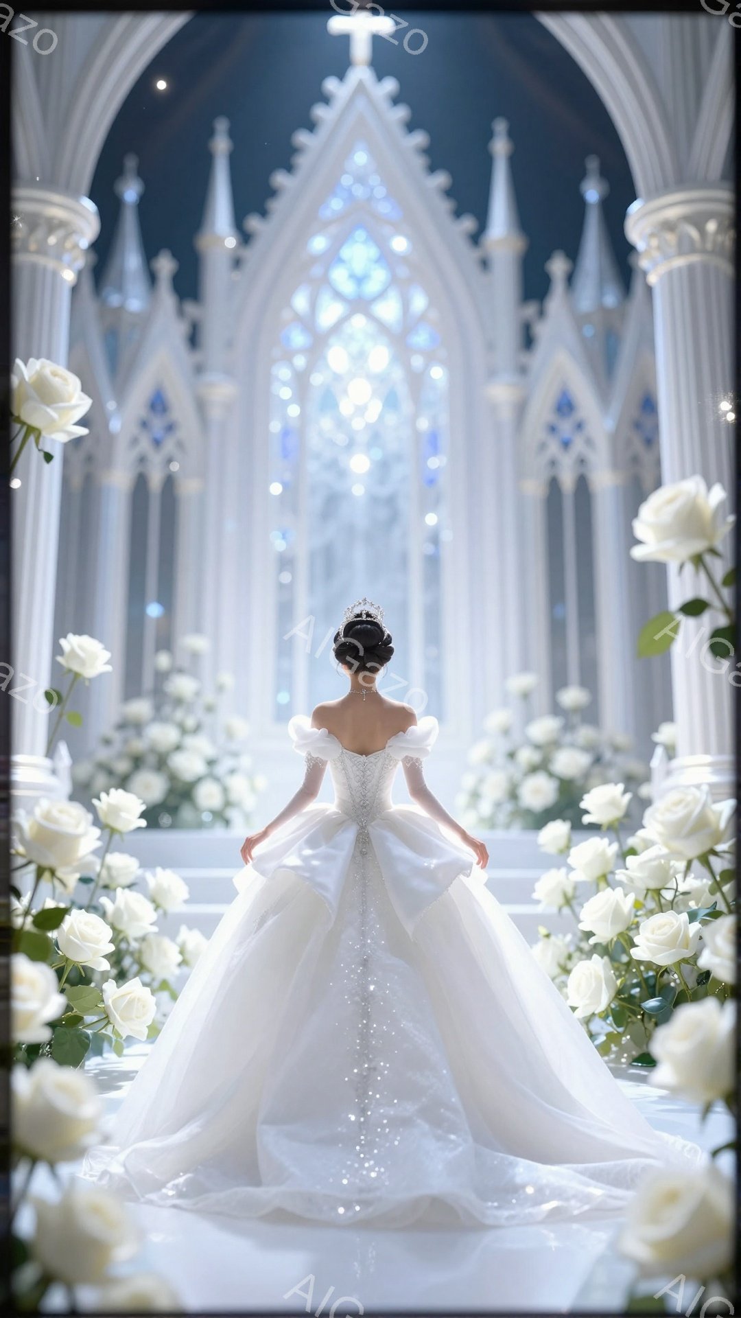 白いウェディングドレスを身につけた女性が、ゴシック様式の教会で花道の中央を歩いている。ドレスはオフショルダーで、背中にきらびやかなビーズの装飾が施され、長いトレーンが続く。背景にはステンドグラスの窓と白いバラの花が咲き乱れ、幻想的でロマンチックな雰囲気を醸し出している。
