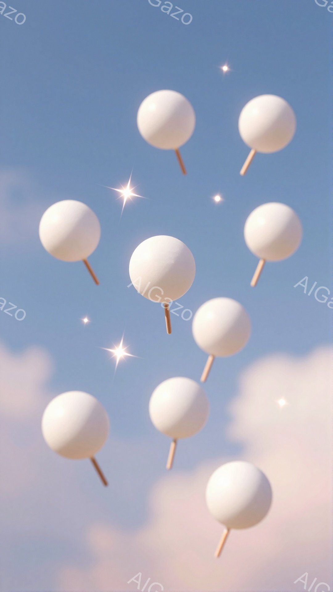 淡いピンクと水色の空に、白い団子のような球体が複数浮かんでいます。それぞれの球体には細い棒がついており、まるで和菓子が空を漂っているような、可愛らしい印象を与えます。背景にはぼんやりとした雲が広がり、全体的に柔らかく幻想的な雰囲気を醸し出しています。