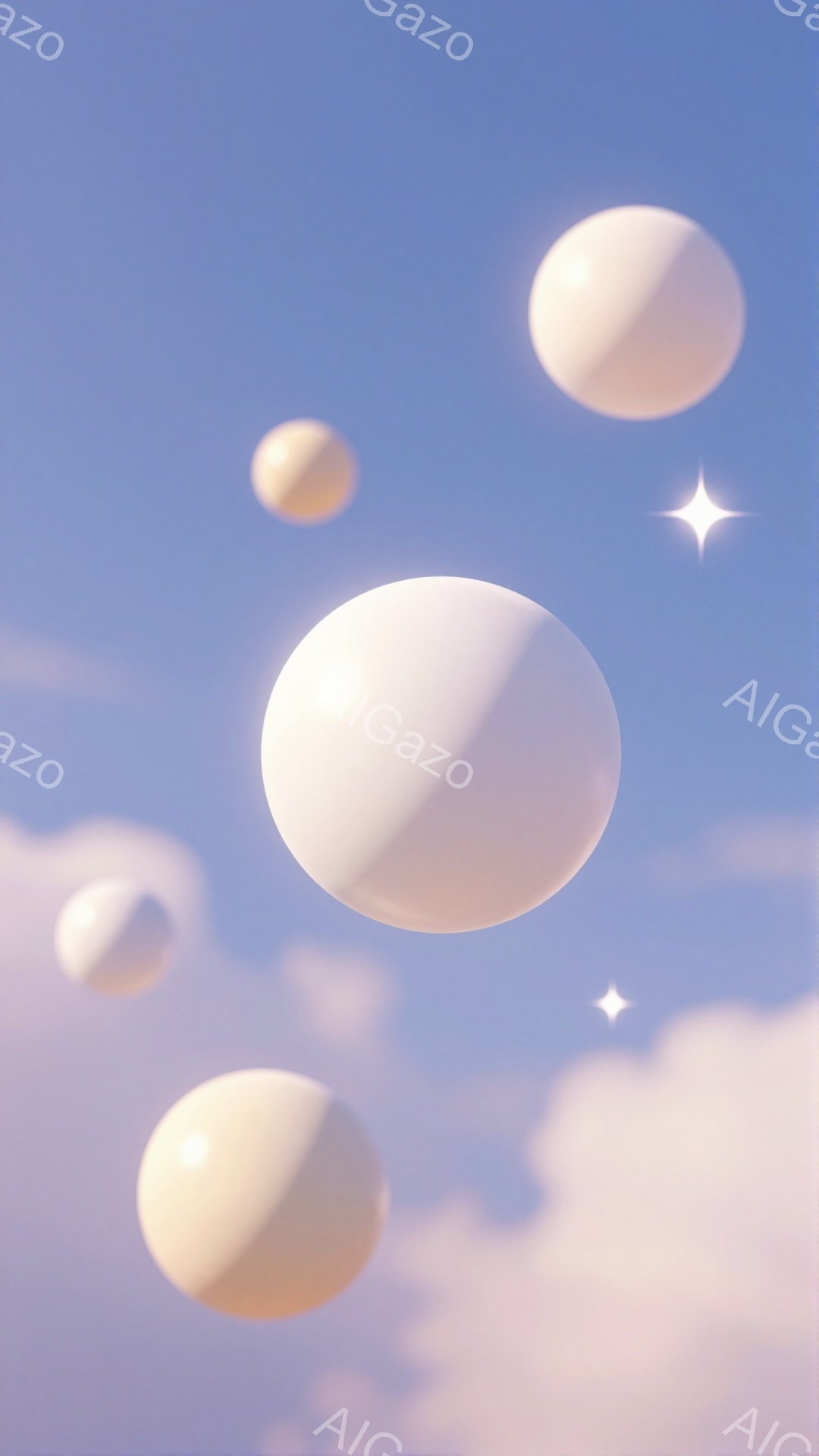 穏やかな水色の空に、クリーム色と淡い茶色の球体がいくつか浮かんでいます。球体はそれぞれ光を受けて照らされ、立体感と柔らかい陰影が表現されています。背景には薄い雲が広がり、キラキラと輝く星のような光が数個点在し、幻想的で穏やかな雰囲気を醸し出しています。