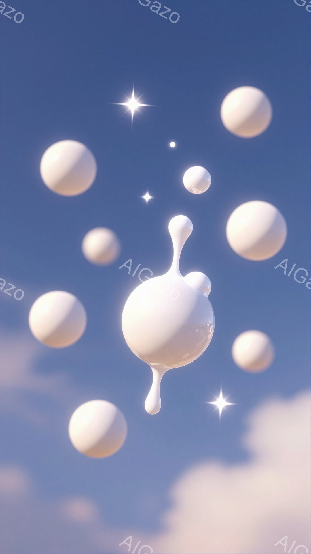 空には、様々な大きさの白い球体が浮かんでおり、まるで泡や水滴のようだ。球体は光沢があり、柔らかい光を受けて輝き、背景の淡い青空と白い雲が、幻想的で夢のような雰囲気を醸し出している。星のような光の粒子も散りばめられ、全体的に穏やかで静謐な印象を与える。