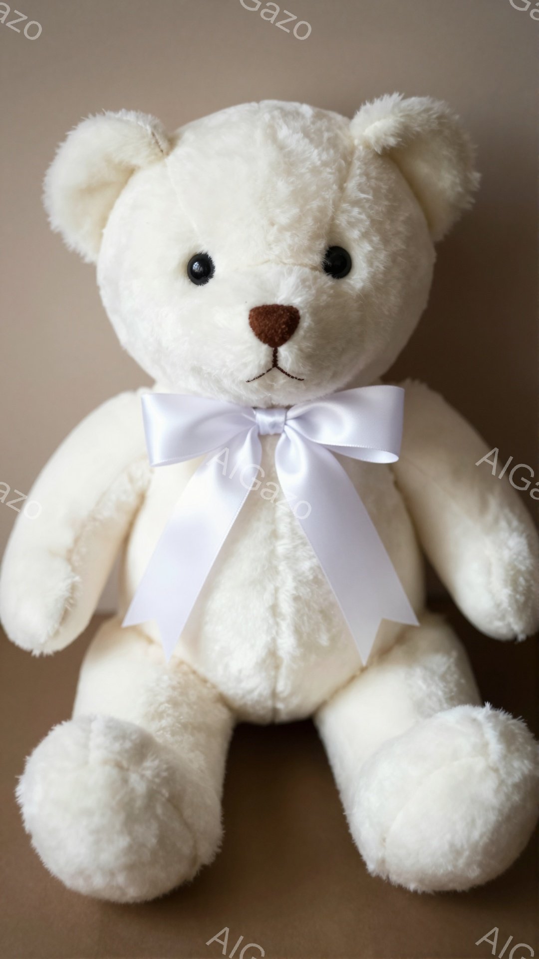 白くてふわふわのテディベアが座って正面を見ている。首には白いリボンが結ばれており、つぶらな瞳と茶色の鼻が愛らしい印象を与える。背景は薄い茶色で、テディベアが引き立っている。 - AI生成フリー素材