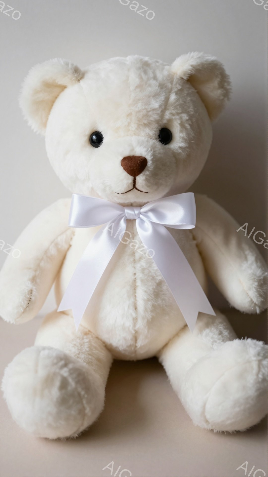 白くてふわふわしたテディベアが座っています。リボンが首に巻かれており、つぶらな瞳と小さな鼻が愛らしい表情を作り出しています。背景は淡い色合いで、ベアが柔らかく優しい雰囲気を醸し出しています。