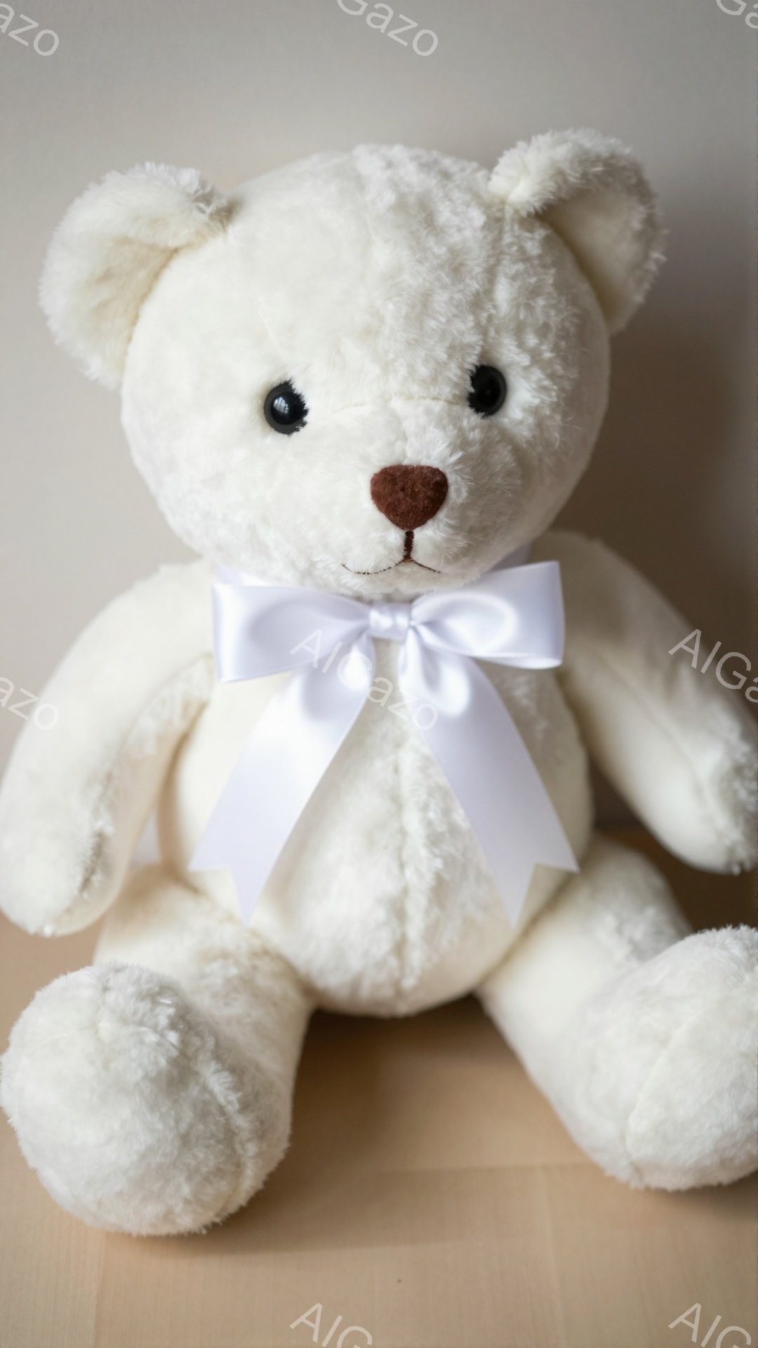 白いテディベアが、明るい木製の床の上に座っています。大きな黒い瞳と茶色の鼻を持ち、首には白いリボンが結ばれています。全体的に柔らかい雰囲気で、愛らしい表情をしています。